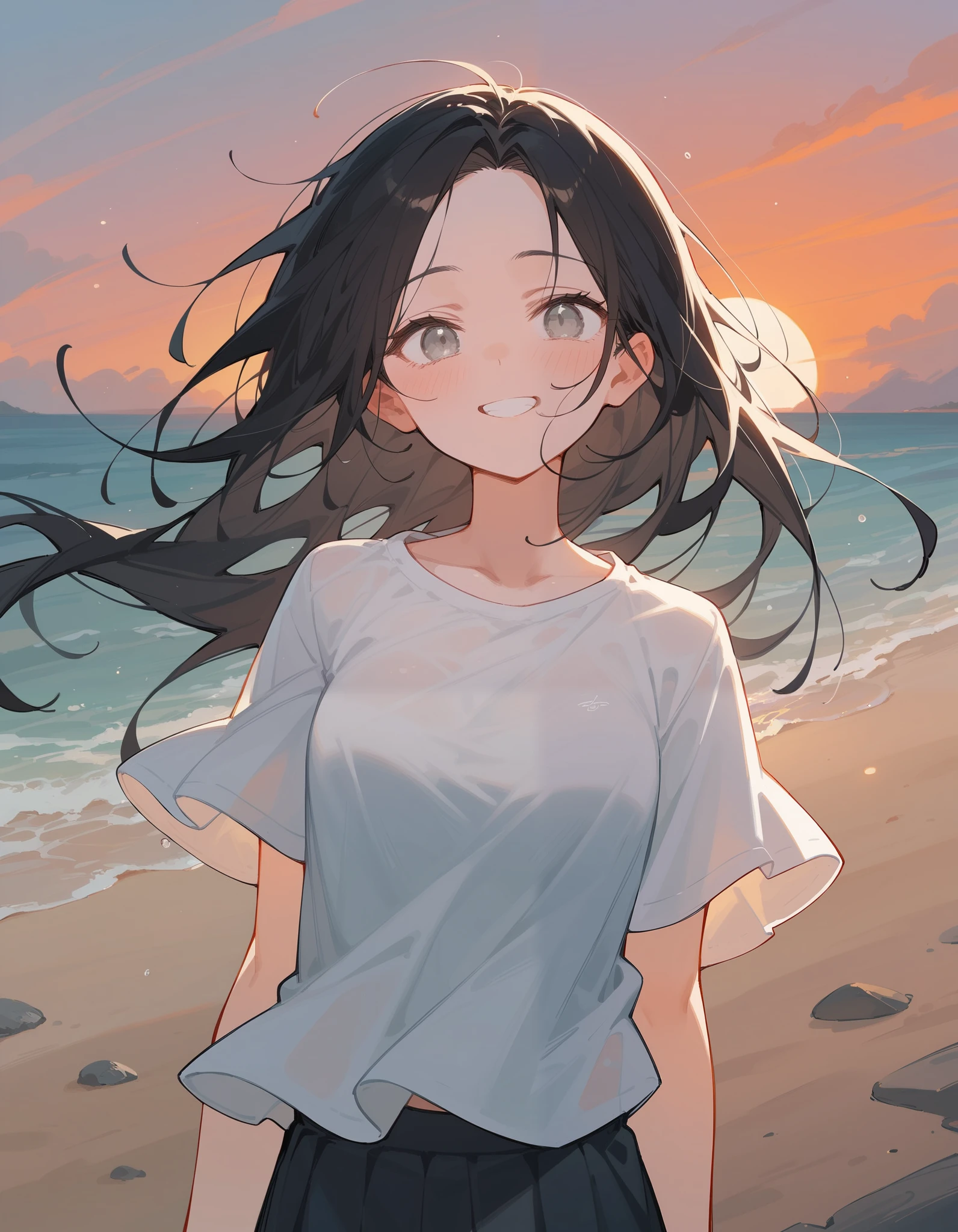 _Anime, 1 girl, black hair, grey eyes, long hair, Light white shirt, in white eyes , with open forehead,Focus on the face,Standing,Evening beach ,excited,shy,throw,shy,Wind blowing through ,smile,Wind Blowing Hair ,Drama, sunset