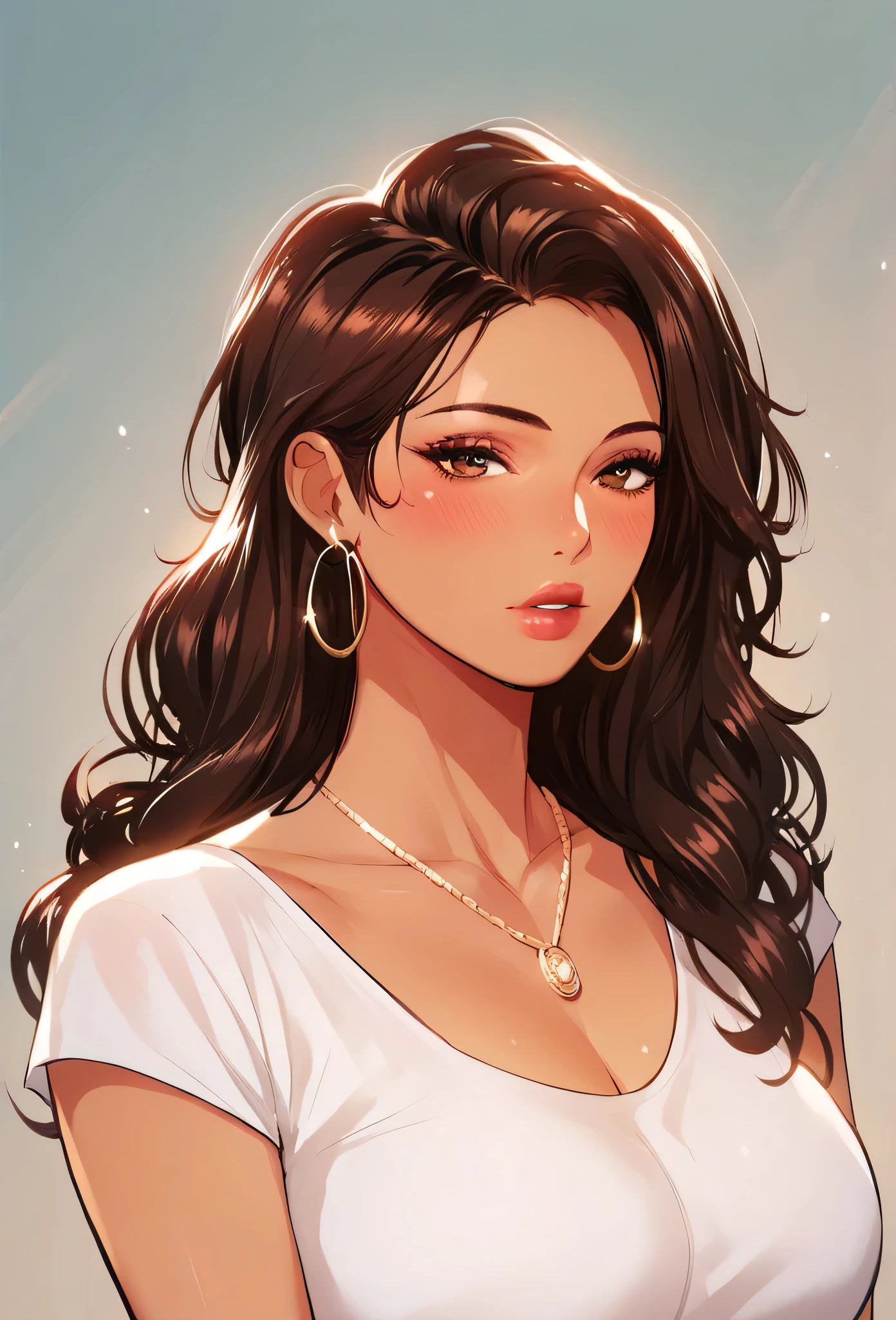 Hot sexy beautiful milf mom, hoops earrings, brown hair, curly hair, blush, hazel eyes, necklace, Latina, brown skin, hair brochure, lipstick, casual loose t shirt