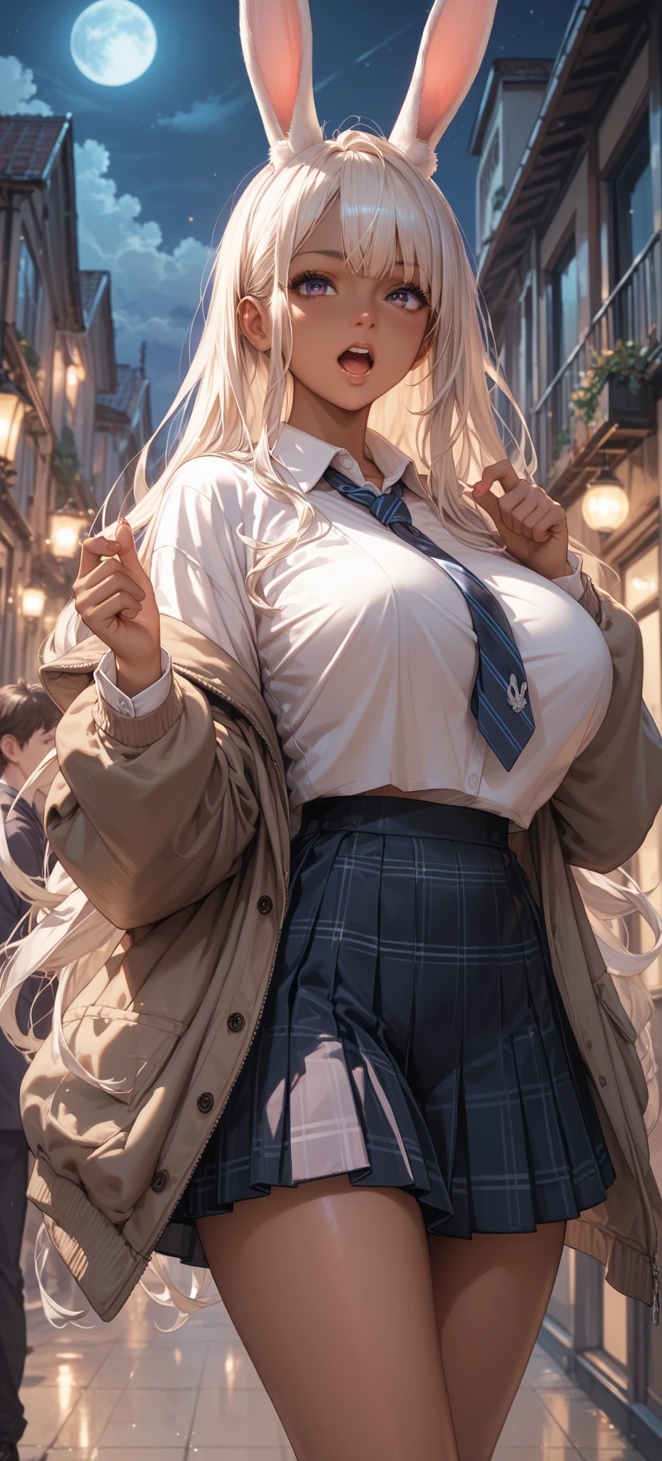 Anime girl cosplay、((dark tan skin))、((side Shot:1.3)), ultra-detailliert, Beautiful, masterpiece, Best Quality, detailed beautiful round eyes, beautiful and detailed face, a blond、long hair, (Huge breasts:1.5), Young Woman, ((軽蔑する))、((Black sailor suit))、(((pleated skirt))), Perfect face, Perfect body, Street, Gray eyes、(Show your legs)、(looking through legs),((Solo / Solo Focus)),beauty legs,BREAK((pantyhose)),gals、eye liner