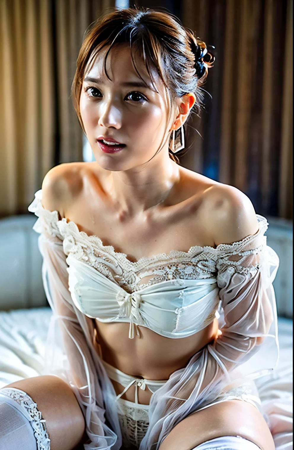 beautiful young girl, small breasts, sheer nightgown, sexy pose in a bedroom, white satin underwear, illustration, ultra-detailed, best quality, highres, ultra-fine painting, portrait, soft and warm color tones, soft and natural lighting
White pajamas, transparent material, protruding, revealing buttocks,sfw:1.5,masterpiece, best quality, high quality, High definition, High quality texture, High quality shadow, high detail, beautiful detailed, finely detailed, extremely detailed cg, detailed texture, a realistic representation of the face, realistic, colorful, delicate, Cinematic Light, sidelighting, Lens Flare, Ray tracing, sharp focus, (intricate details, makeup, (detailed beautiful delicate face, detailed beautiful delicate eyes, a face of perfect proportion, high detailed skin, detailed skin, best ratio four finger and one thumb, arms under breast, small and firm breasts, wide hips, smooth midriff, skiny and thin, fashion, solo ,(young), face highlight, detailed face, tear mole, white skin, braid hair, looking at viewer, big eyes, silk robe, (hollow pattern, white, silk), earrings, slim body, luxury room, professional lighting, tear robe
