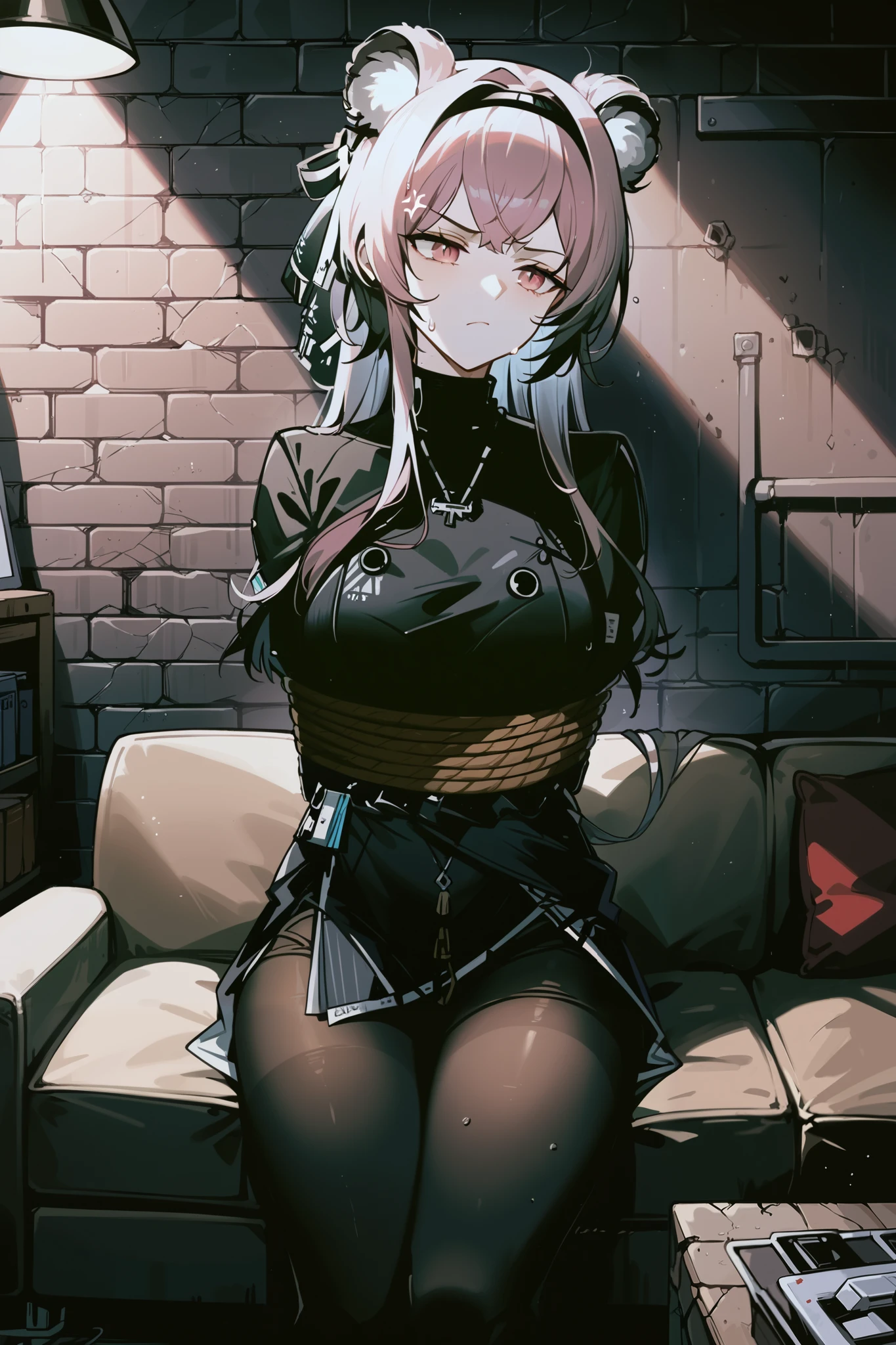 1girl, large breasts, thighhighs,solo, thigh boots, black skirt, black footwear, (((masterpiece,high resolution,best quality))), solo, blonde hair, on back, looking at viewer, open mouth, solo, blush, wet clothes, heart, arms up, wet, huge breasts, short hair, pervert, white panties, himiko toga, bdsm, shibari, restraint, bondage ropes, rope, tied up, restrained body