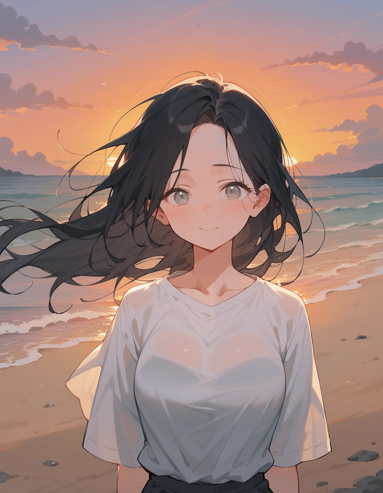 _Anime, 1 girl, black hair, grey eyes, long hair, Light white shirt, in white eyes , with open forehead,Focus on the face,Standing,Evening beach ,excited,shy,throw,shy,Wind blowing through ,smile,Wind Blowing Hair ,Drama, sunset ,milf,Very high detail hair