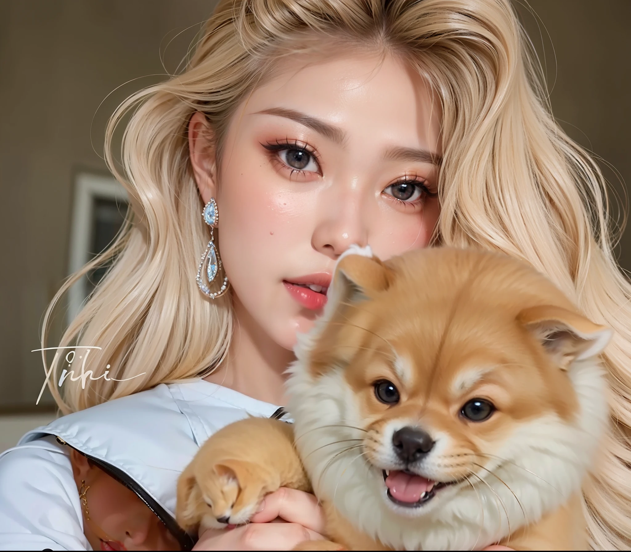 Blonde with long hair in a short red dress with her tongue stuck out and showing her tongue and her eyes turned upwards sitting like a dog