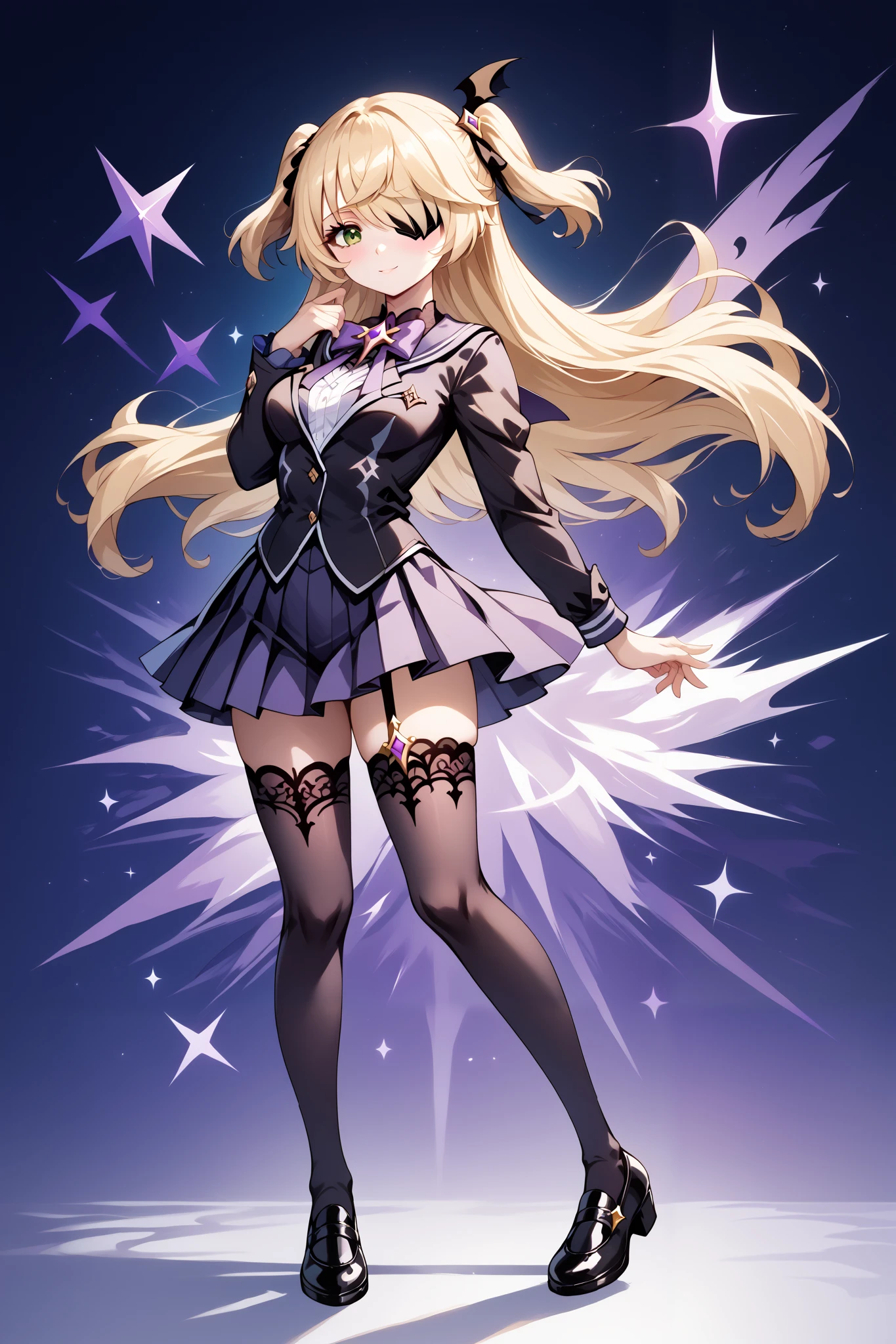 score_9, score_8_up, score_7_up, source_anime, 4K,perfect fingers,(perfect hands, perfect anatomy),prefect lighting, very aesthetic, intricate details,highly detailed background, masterpiece, high quality, best quality,
1girl,solo, fischl, fischl, long hair, bangs, blonde hair, ribbon, green eyes, hair ribbon, hair over one eye, two side up, eyepatch, large breasts,,
wearing ((advanced nurturing high school uniform,black thighhighs, )),,
looking at viewer,full body,
