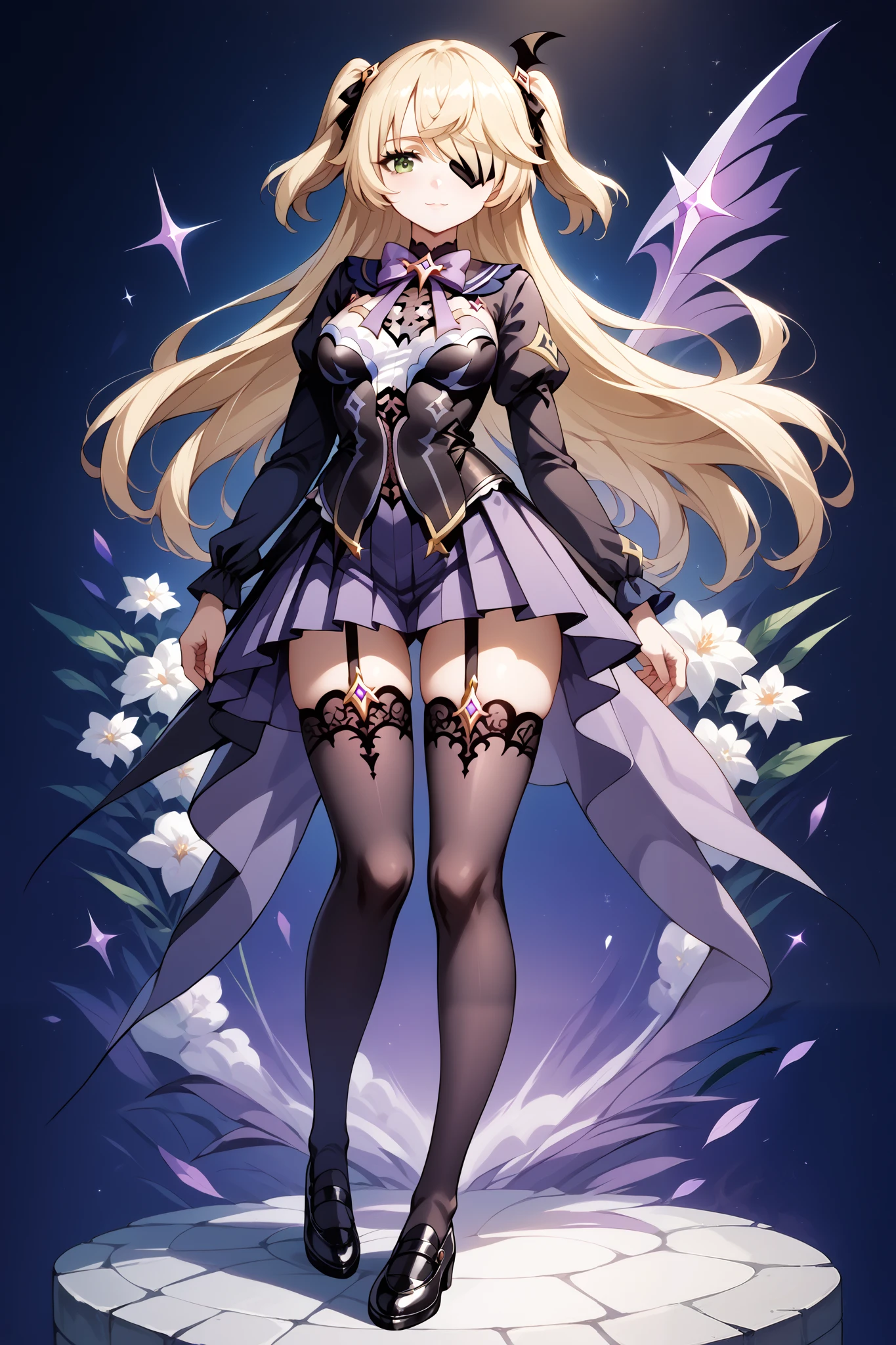 score_9, score_8_up, score_7_up, source_anime, 4K,perfect fingers,(perfect hands, perfect anatomy),prefect lighting, very aesthetic, intricate details,highly detailed background, masterpiece, high quality, best quality,
1girl,solo, fischl, fischl, long hair, bangs, blonde hair, ribbon, green eyes, hair ribbon, hair over one eye, two side up, eyepatch, large breasts,,
wearing ((advanced nurturing high school uniform,black thighhighs, )),,
looking at viewer,full body,