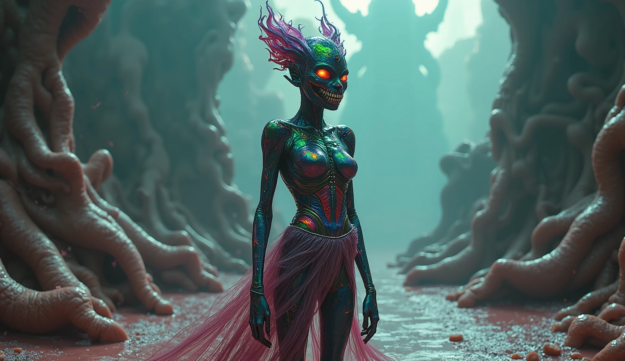 (best quality, 8K, highres, masterpiece), ultra-detailed, (photorealistic, cinematic), illustration painting of a luminous and enchanting bad guy undead/human-like creature with vibrant and dynamic anime-style colors. The creature, with dark, colorful hair, strikes a dynamic pose in a brilliantly lit fantasy realm environment filled with a kaleidoscope of colors. The mid-shot composition and rule of thirds depth of field emphasize intricate details, creating a fantastical realm that bursts with subtle and vibrant colors. The use of light particles enhances the scene's grandeur and awe, making it a stunning visual masterpiece in a double-exposure style. The strong outlines contribute to the scene's cinematic feel, creating a super colorful and visually captivating narrative