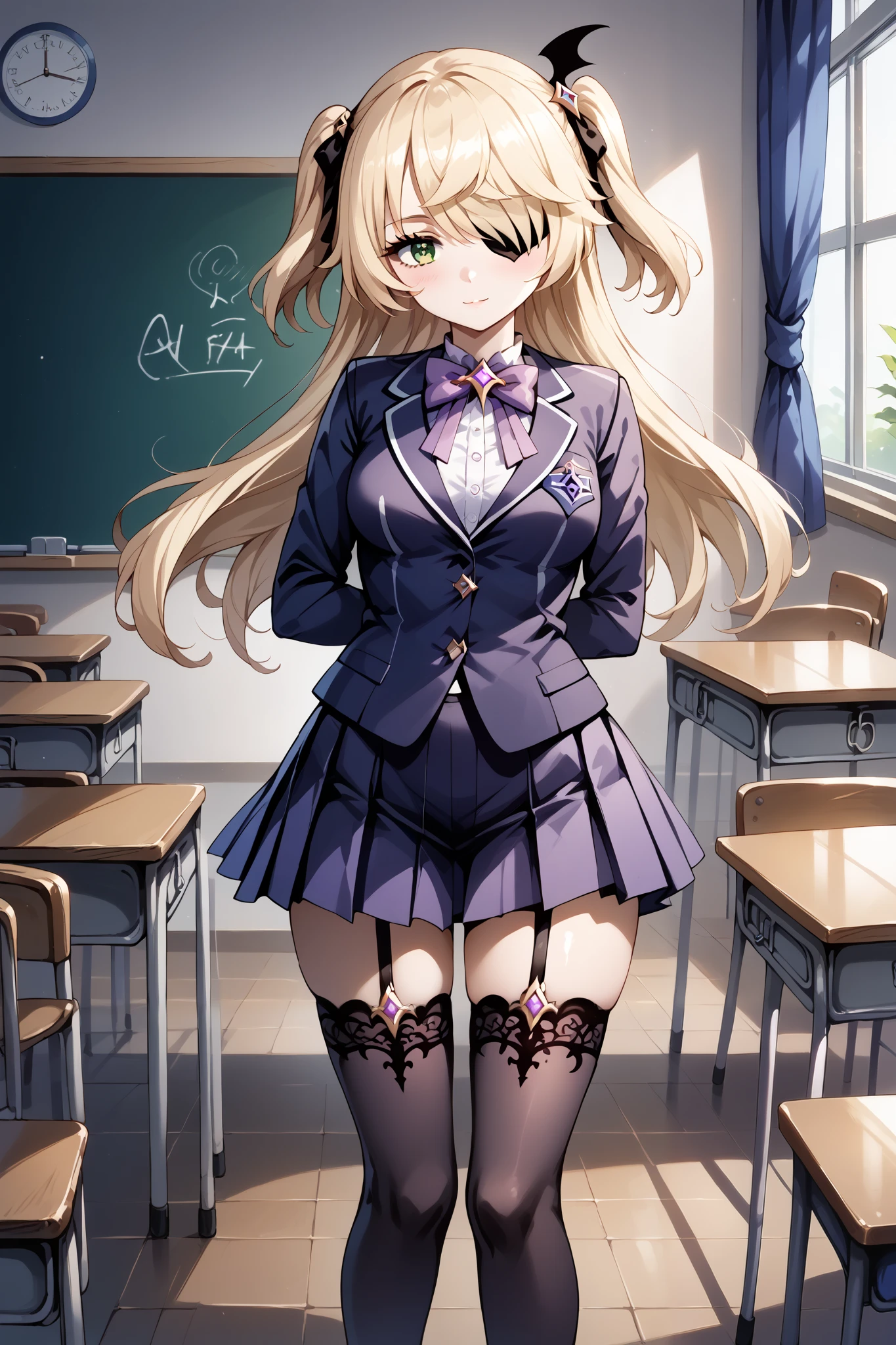 score_9, score_8_up, score_7_up, source_anime, 4K,perfect fingers,(perfect hands, perfect anatomy),prefect lighting, very aesthetic, intricate details,highly detailed background, masterpiece, high quality, best quality,
1girl,solo, fischl, fischl, long hair, bangs, blonde hair, ribbon, green eyes, hair ribbon, hair over one eye, two side up, eyepatch, large breasts,,
wearing ((advanced nurturing high school uniform,black thighhighs,blazer, bow, bowtie, buttons, jacket, )),,
looking at viewer,full body, indoors, classroom,