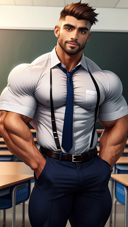 giant muscular hot handsome latino teen boy in school too big to fit in desk growing big chest big arms tiny guys next to him looking up at his big muscles