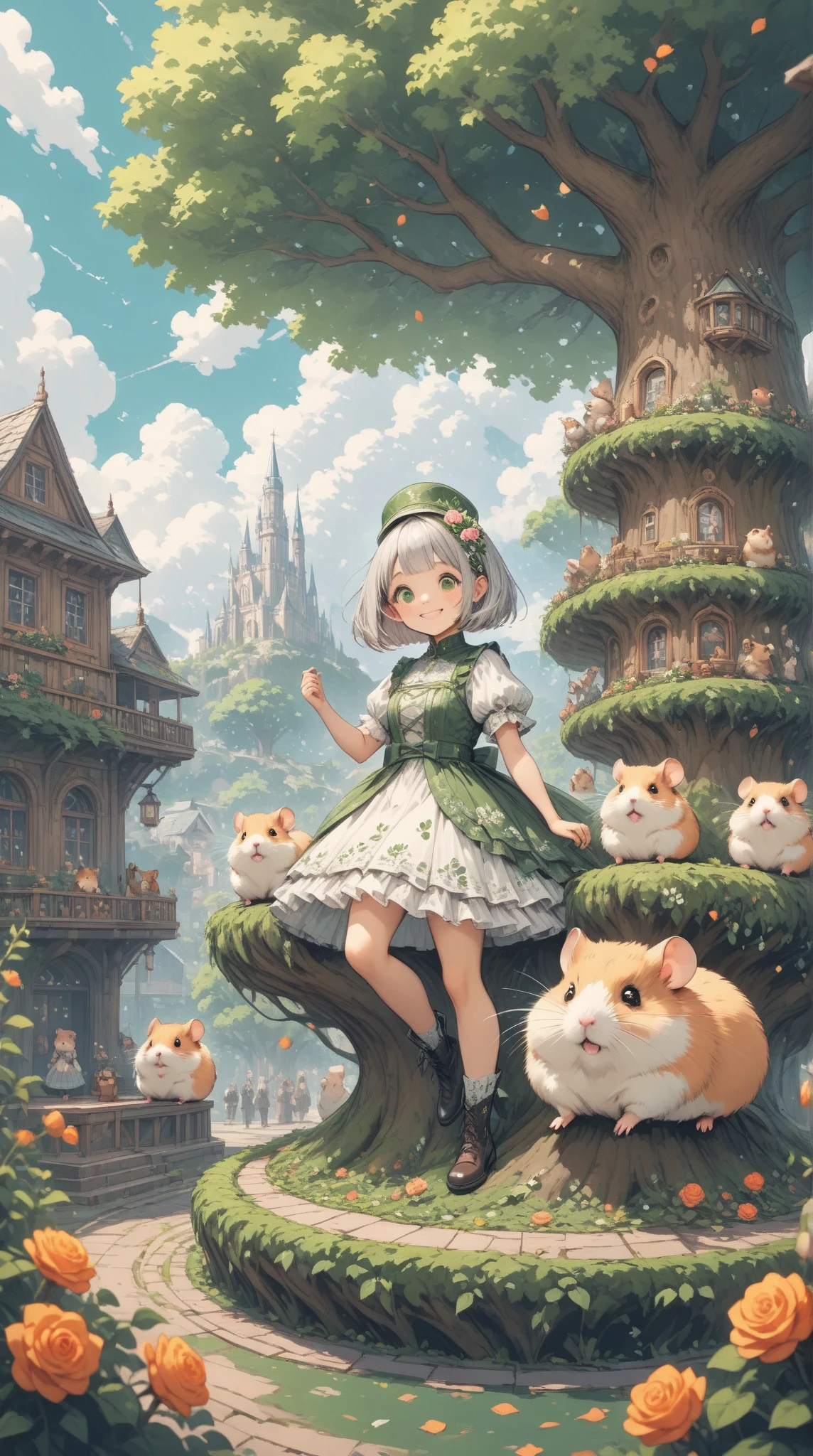 score_9, score_8_up, score_7_up, UHD, Masterpiece, amazing quality, very aesthetic, absurdres, ultra-detailed, 1girl\solo\(hamuko-chan, elf, silver bob cut,  mini hat\pink rose\lace, Intricate:1.3\Green leaf dress\frill, lace), (magic\wind & light & flower magic:1.3, smile),  stand on the leaves of the world tree, BREAK, (Cute animal hamster\animal, Djungarian, round eyes, fluffy fur), BREAK, BREAK, BREAK, huge world tree:1.2, dynamic angle:1.5, panorama:1.2, cinematic:1.3