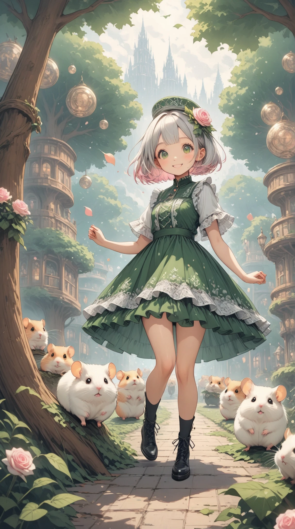 score_9, score_8_up, score_7_up, UHD, Masterpiece, amazing quality, very aesthetic, absurdres, ultra-detailed, 1girl\solo\(hamuko-chan, elf, silver bob cut,  mini hat\pink rose\lace, Intricate:1.3\Green leaf dress\frill, lace), (magic\wind & light & flower magic:1.3, smile),  stand on the leaves of the world tree, BREAK, (Cute animal hamster\animal, Djungarian, round eyes, fluffy fur), BREAK, BREAK, BREAK, huge world tree:1.2, dynamic angle:1.5, panorama:1.2, cinematic:1.3