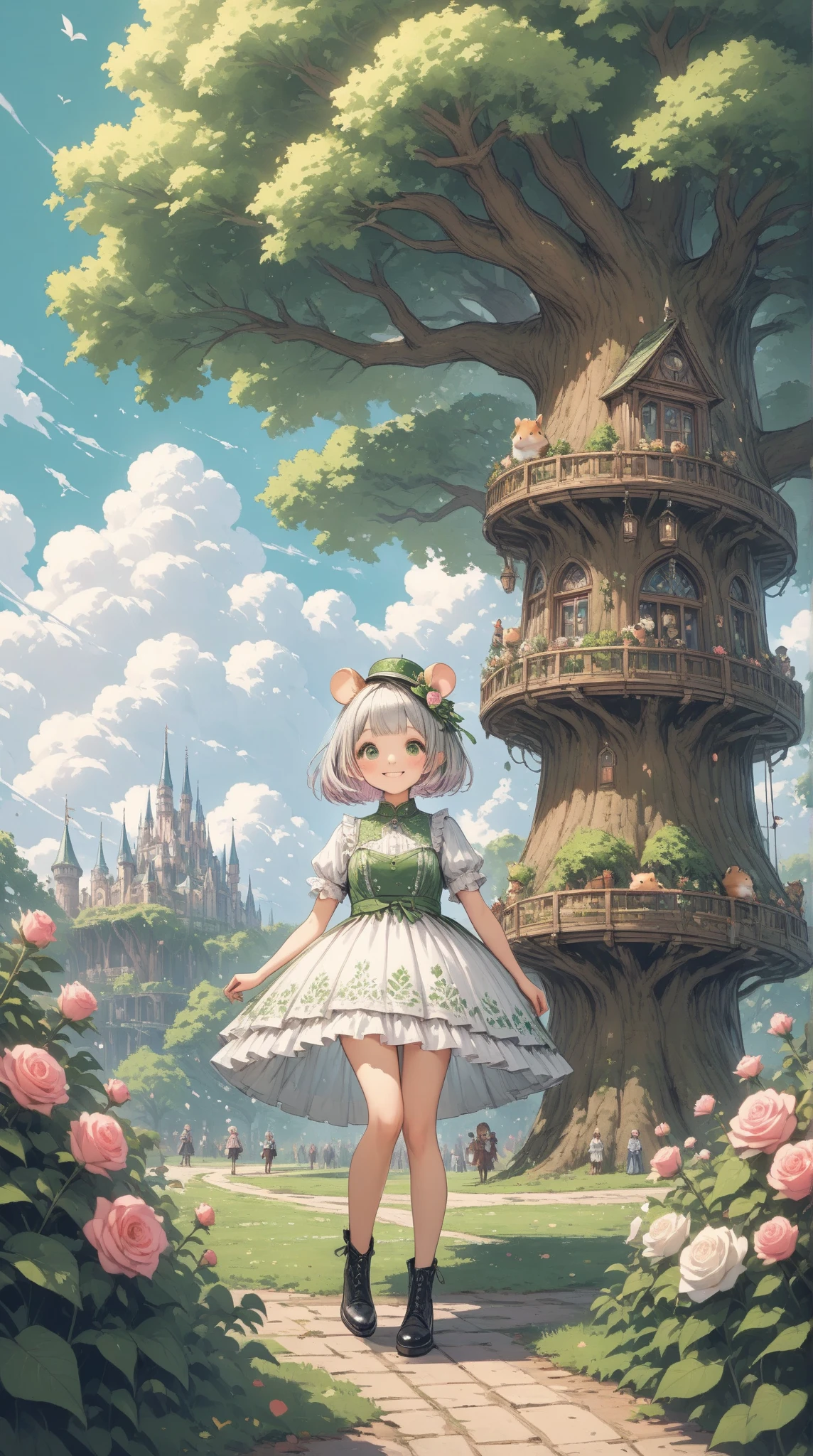 score_9, score_8_up, score_7_up, UHD, Masterpiece, amazing quality, very aesthetic, absurdres, ultra-detailed, 1girl\solo\(hamuko-chan, elf, silver bob cut,  mini hat\pink rose\lace, Intricate:1.3\Green leaf dress\frill, lace), (magic\wind & light & flower magic:1.3, smile),  stand on the leaves of the world tree, BREAK, (Cute animal hamster\animal, Djungarian, round eyes, fluffy fur), BREAK, BREAK, BREAK, huge world tree:1.2, dynamic angle:1.5, panorama:1.2, cinematic:1.3