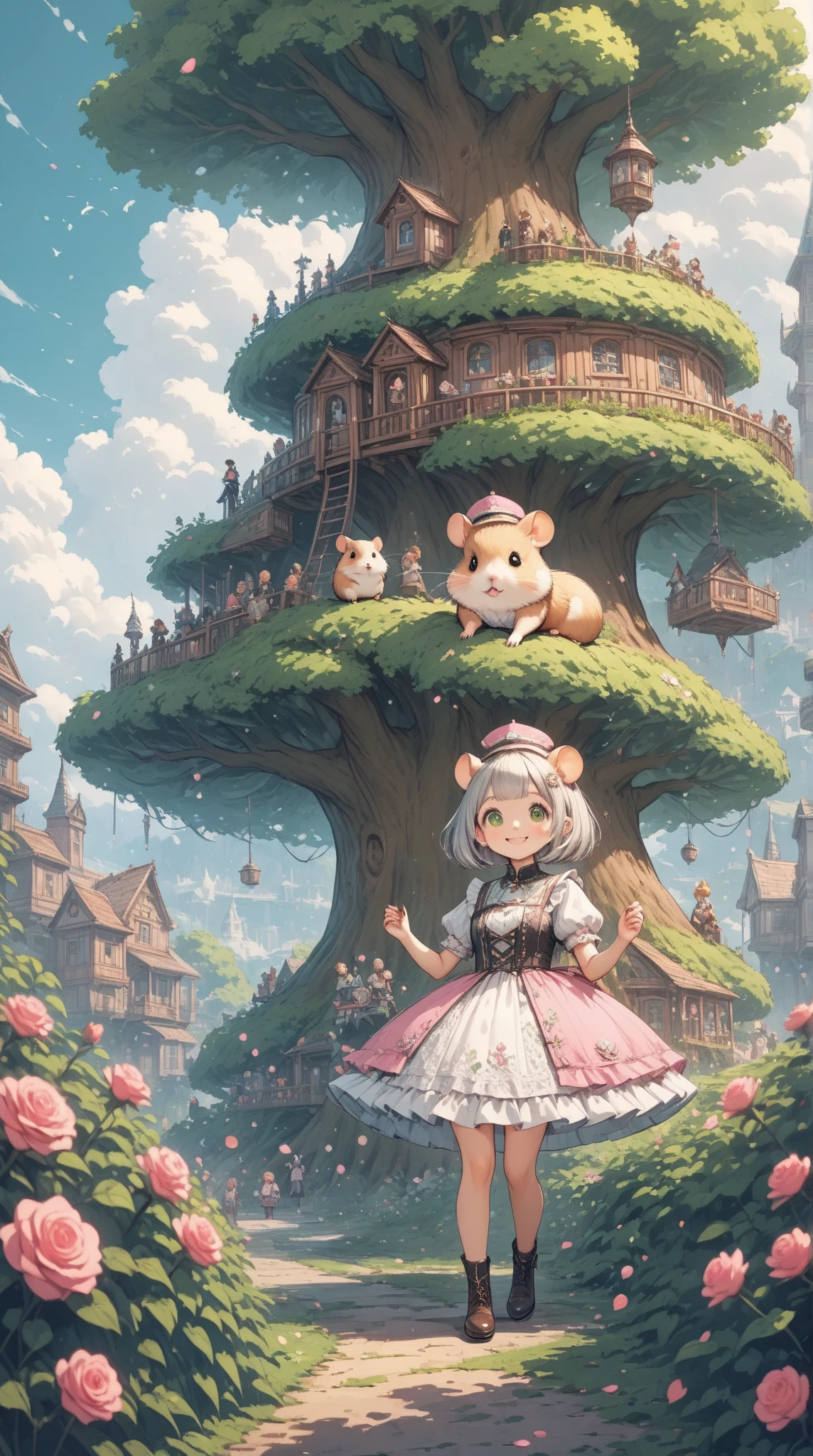 score_9, score_8_up, score_7_up, UHD, Masterpiece, amazing quality, very aesthetic, absurdres, ultra-detailed, 1girl\solo\(hamuko-chan, elf, silver bob cut,  mini hat\pink rose\lace, Intricate:1.3\Green leaf dress\frill, lace), (magic\wind & light & flower magic:1.3, smile),  stand on the leaves of the world tree, BREAK, (Cute animal hamster\animal, Djungarian, round eyes, fluffy fur), BREAK, BREAK, BREAK, huge world tree:1.2, dynamic angle:1.5, panorama:1.2, cinematic:1.3