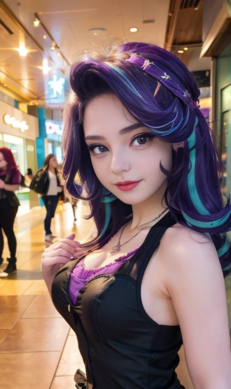 Photo oF a 18 year-old American girl, .CRUDO, beautiFul woman , cabello largo color azul turqueza ((retrato)), ((Cara detallada:1.2)), ((Detailed Facial Features)), (Piel Finamente detallada) , ojos color.azul , 、un sexy(color fresco), wet, wet, ReFlectoreasutepiece) (proporciones perFectaotos realistas)(La mejor calidad) (Detallado) FotograFiado con una EOS R5 de Canon, lente de 50 mm, F/2.8, NFFSW, (8K) (papel tapiz) (cinematic lighting) (dramatic lighting) (sharp Focus) (Enrevesado) senos grandes , pechos grandes , cuerpo completo , hermoso cuerpo de adolesente ,lindo maquillaje , gran sonrisa , labios rojos. Mlp , Sonata Dusk , foto dinamica , pose sexy , centro comercial , noche , sonrisa presumida , ropa morada , brazalentes con puas , cabello largo color azul turqueza con mechas color morado, cuerpo completo , foto de cuerpo completo , my little pony Equestria girls , tiene un collar con un rubi , ropa de pelicula my little pony Rainbow rocks