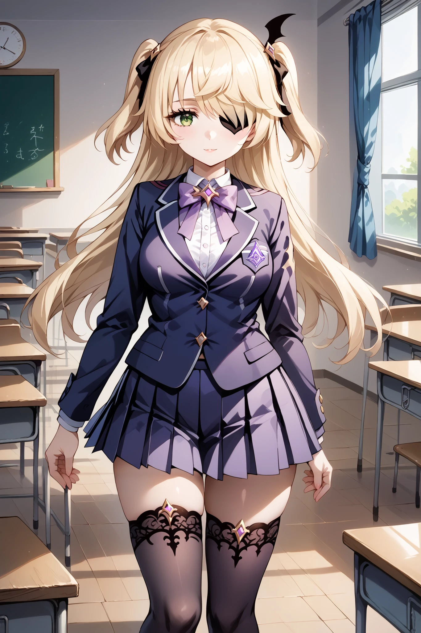 score_9, score_8_up, score_7_up, source_anime, 4K,perfect fingers,(perfect hands, perfect anatomy),prefect lighting, very aesthetic, intricate details,highly detailed background, masterpiece, high quality, best quality,
1girl,solo, fischl, fischl, long hair, bangs, blonde hair, ribbon, green eyes, hair ribbon, hair over one eye, two side up, eyepatch, large breasts,,
wearing ((advanced nurturing high school uniform,black thighhighs,blazer, bow, bowtie, buttons, jacket,long sleeves, pleated skirt,school uniform, thighhighs, )),,
looking at viewer,full body, indoors, classroom,(perfect hands, perfect anatomy),