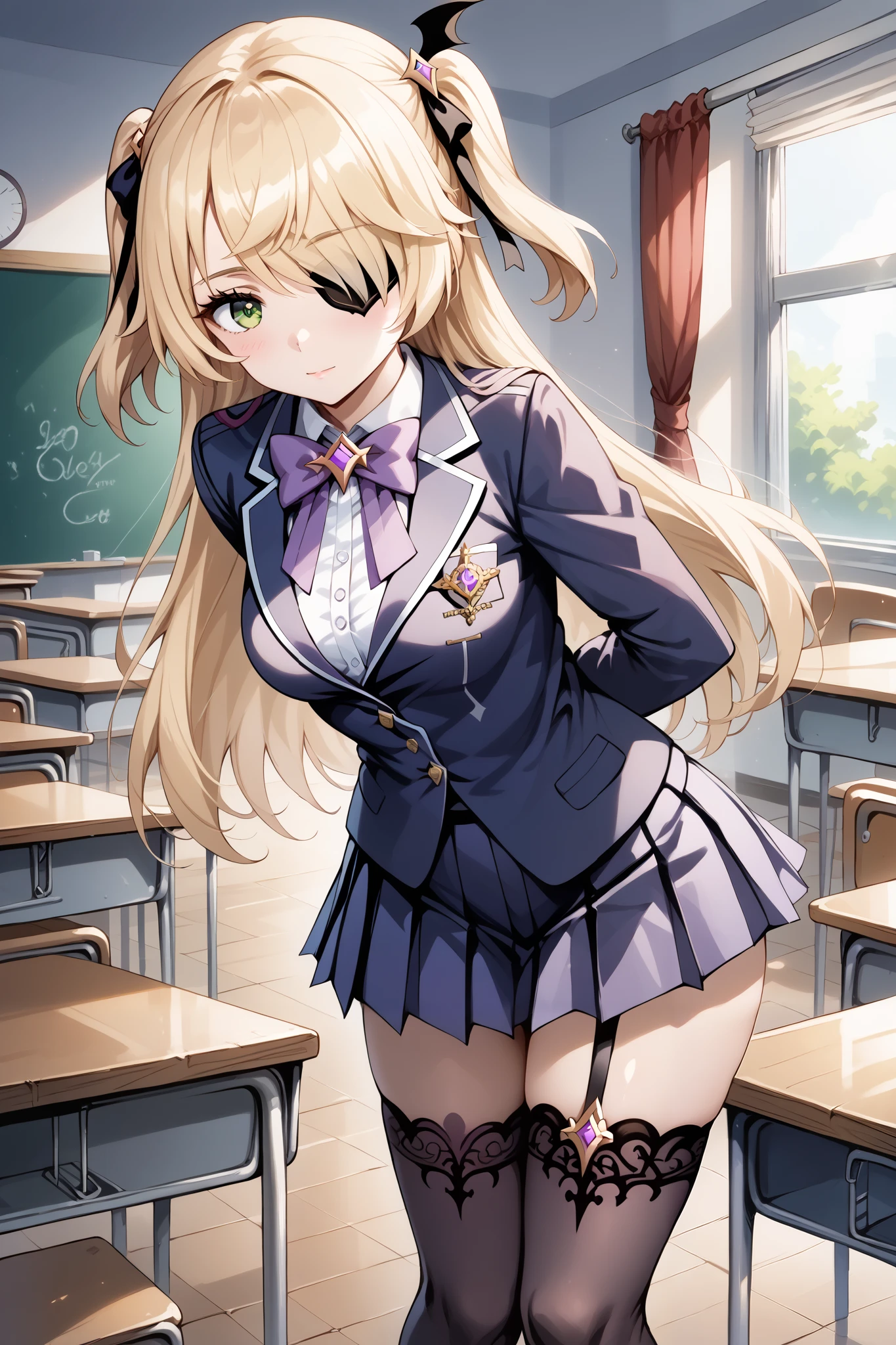 score_9, score_8_up, score_7_up, source_anime, 4K,perfect fingers,(perfect hands, perfect anatomy),prefect lighting, very aesthetic, intricate details,highly detailed background, masterpiece, high quality, best quality,
1girl,solo, fischl, fischl, long hair, bangs, blonde hair, ribbon, green eyes, hair ribbon, hair over one eye, two side up, eyepatch, large breasts,,
wearing ((advanced nurturing high school uniform,black thighhighs,blazer, bow, bowtie, buttons, jacket,long sleeves, pleated skirt,school uniform, thighhighs,zettai ryouiki, )),,
looking at viewer,full body, indoors, classroom,(perfect hands, perfect anatomy),((Arms Behind Back:1.5)),leaning forward:1.3,
