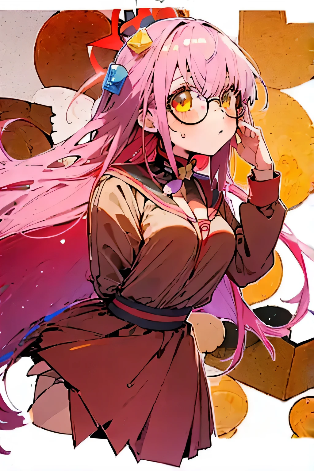 ((best quality)), ((masterpiece)), girl, long hair, using a school uniforme of a magic academy’s, gold eyes, master piece, pink hair, cool, nice school uniform, black sunglasses, fusion between misono mika and hitori gotoh. Bocchi the rock, oversised glasses, wakamo.