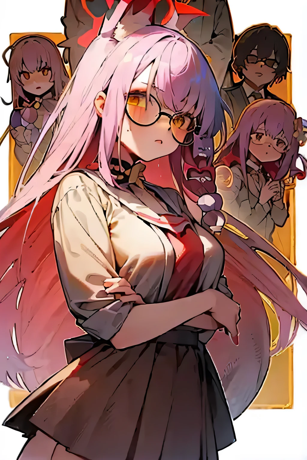 (best quality)), ((masterpiece)), girl, long hair, using a school uniforme of a magic academy’s, gold eyes, master piece, pink hair, cool, nice school uniform, black sunglasses, fusion between misono mika and hitori gotoh. Bocchi the rock, oversised glasses, wakamo