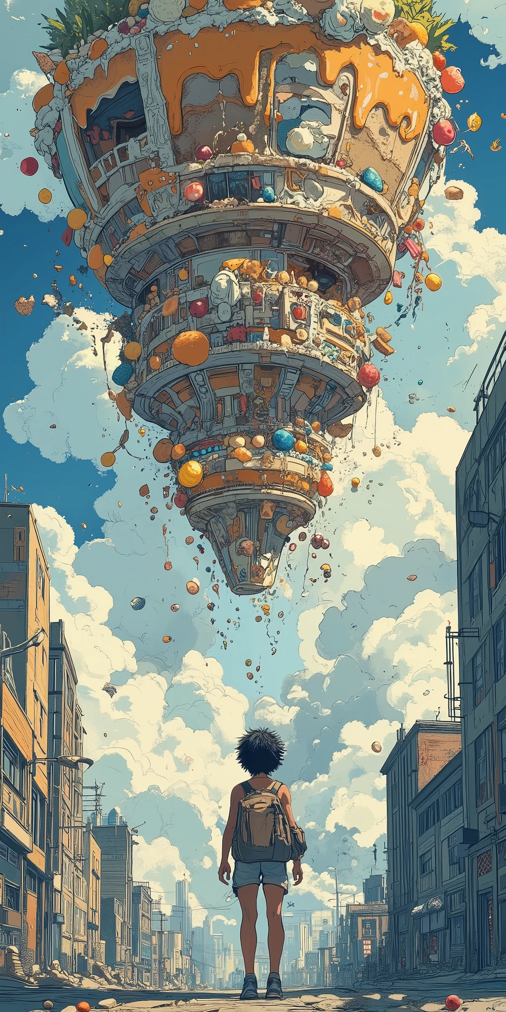 From a bird's-eye view, you will see a huge surreal, incredibly beautiful multi-tiered sponge cake with whipped cream and caramel, lavishly decorated with fruits, berries and colored marmalade. A giant cake dynamically falling from the roof of a skyscraper, a very photogenic cake in focus, close-up. A huge cake in a huge city is a space in the universe. A cheerful in short pants stands below and looks up as the cake falls.