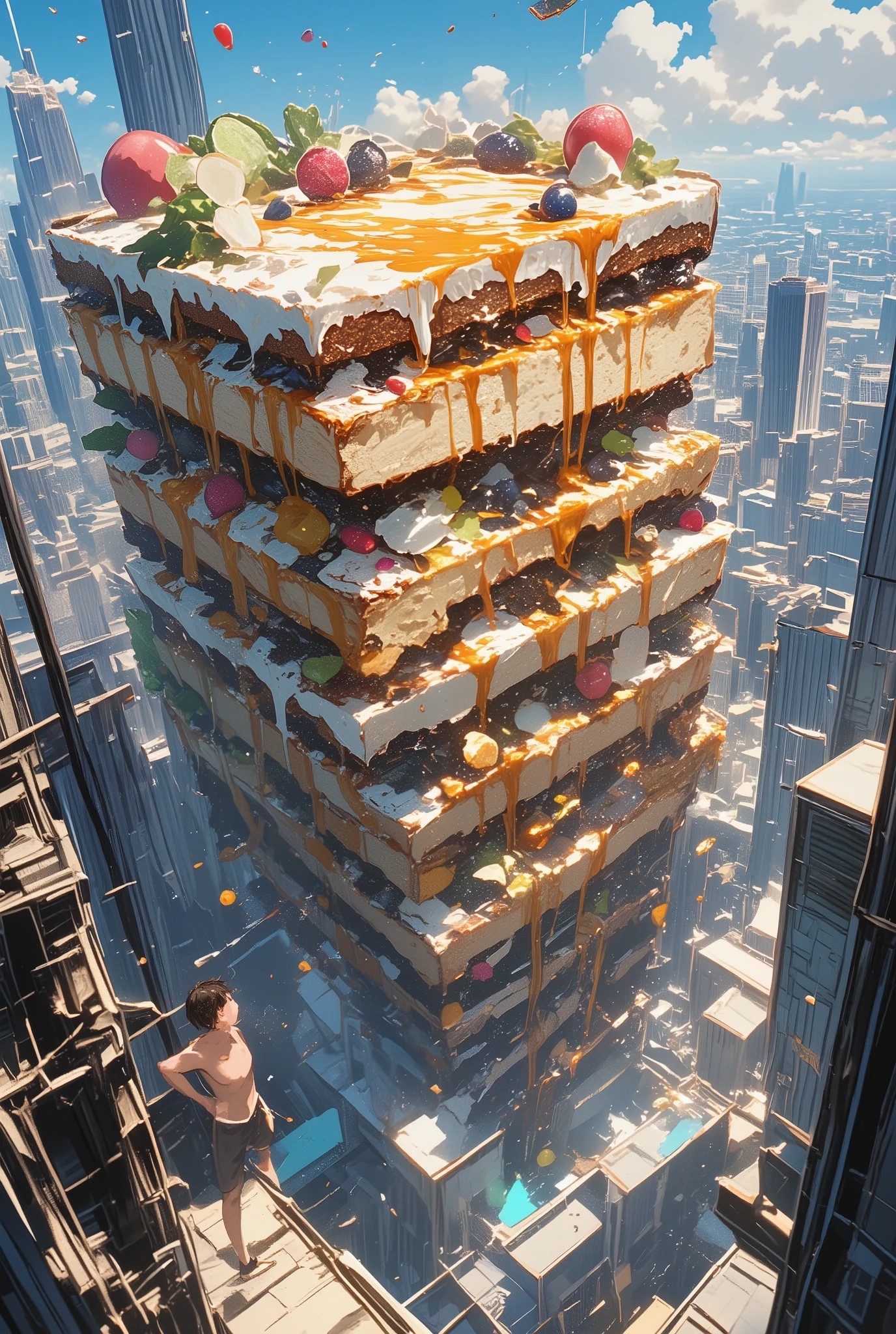 From a bird's-eye view, you will see a huge surreal, incredibly beautiful multi-tiered sponge cake with whipped cream and caramel, lavishly decorated with fruits, berries and colored marmalade. A giant cake dynamically falling from the roof of a skyscraper, a very photogenic cake in focus, close-up. A huge cake in a huge city is a space in the universe. A cheerful in short pants stands below and looks up as the cake falls.
