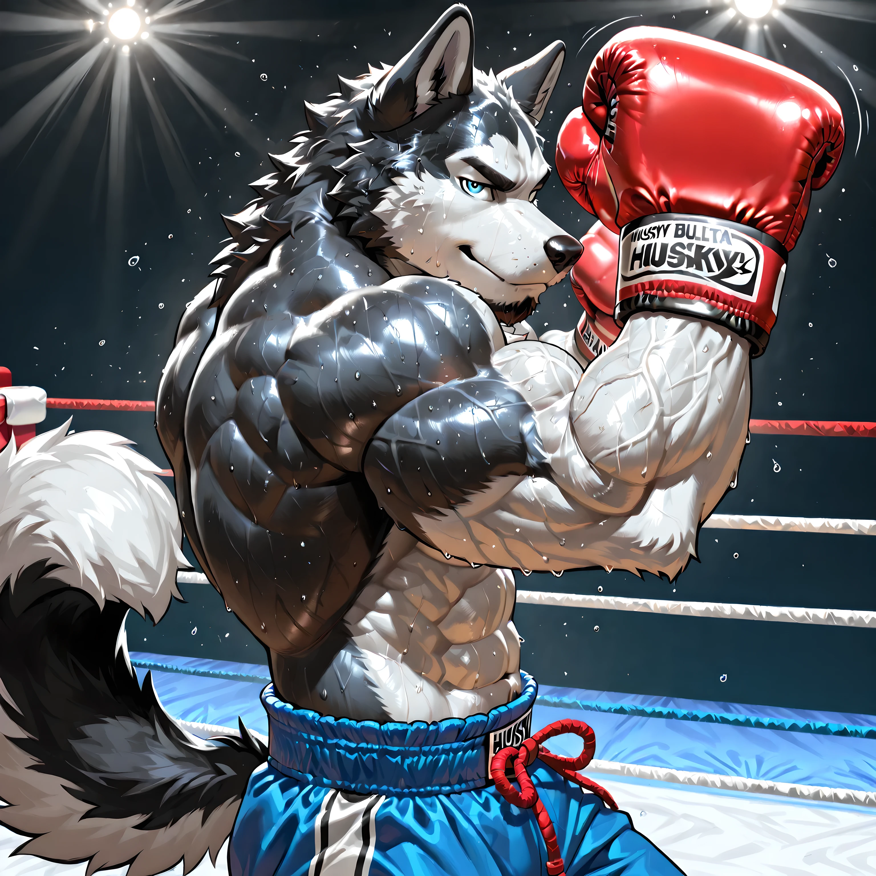 husky boxing, husky, "husky", 4k ultra quality, 4k, masterpiece quality, (sweaty, thick arms), very muscular, male, solo, bulging muscles, boxing gloves, boxing_trunks, action pose, boxing stance, (flexing), looking at viewer, veiny muscles, small beard, masculine