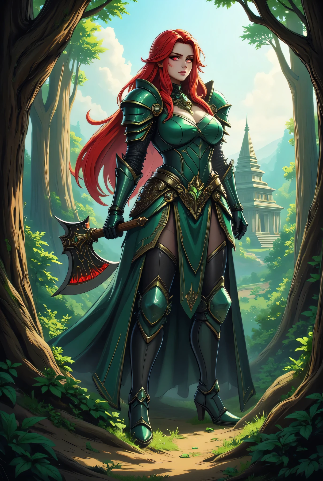 a fantasy art illustration of a  female giant knight armed with a mighty axe standing near a temple built in a fantasy forest, (((she is taller than the trees: 1.3))) a wild beautiful, exotic beautiful giant knight, ((anatomically correct: 1.5), (ultra detailed face: 1.2), best detailed face, red hair color, dynamic hair style, armed with a giant axe, shiny axe, its blade reflects the sun, many flowers along the handle, the sunlight, studded with gems, wearing green glass armor, wearing ((black leather jacket)), dynamic armor color, wearing high heeled boots, standing near a fantasy temple, magnificent temple, in a dark forest, plenty of trees,  with a tower, clouds in the sky some sun rays, vibrant, Hyperrealism style, vibrant, Ultra-high resolution, High Contrast, (masterpiece:1.5), highest quality, Best aesthetics), best details, best quality, highres, ultra wide angle, 16k, [ultra detailed], masterpiece, best quality, (extremely detailed) RAW, invert color