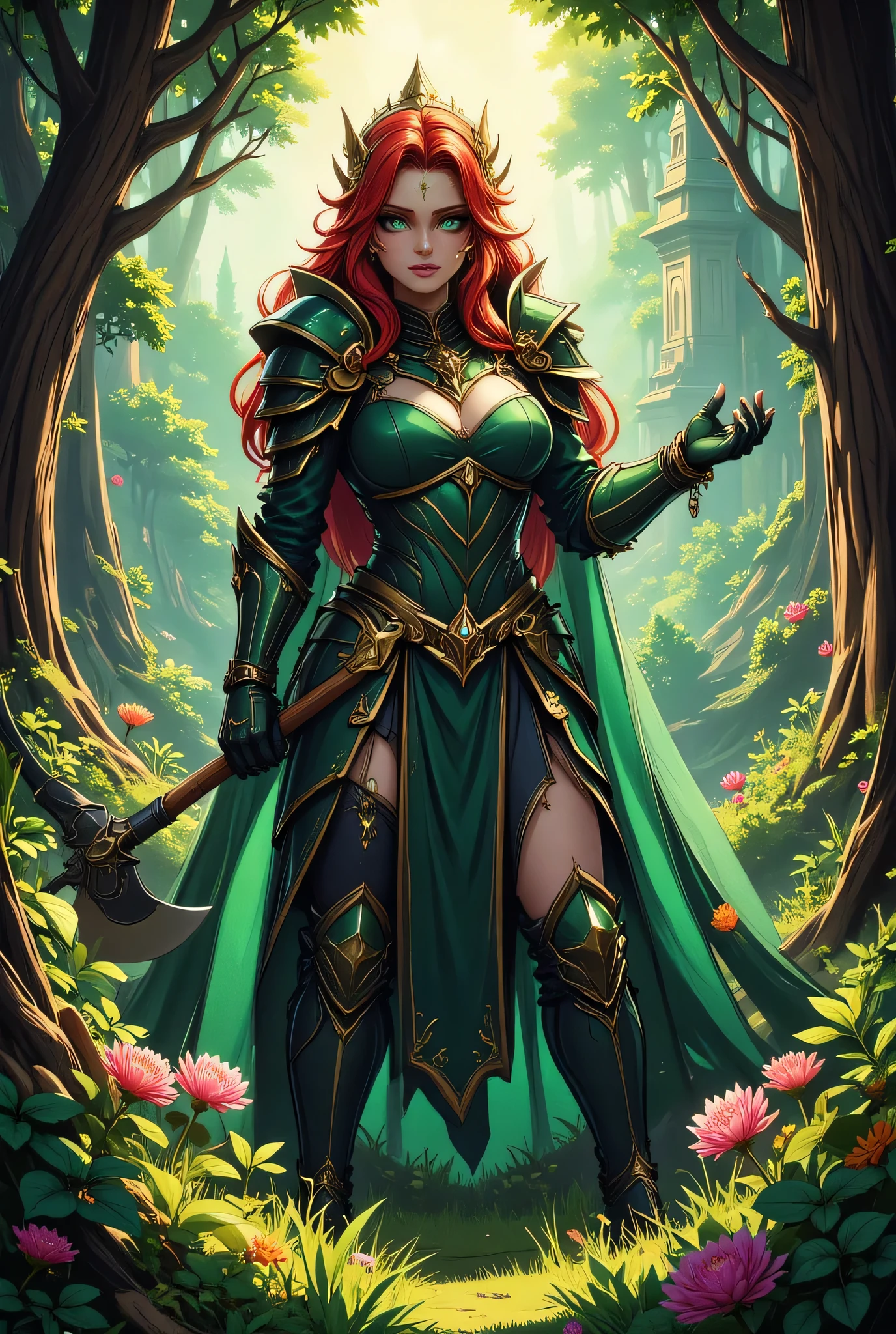 a fantasy art illustration of a  female giant knight armed with a mighty axe standing near a temple built in a fantasy forest, (((she is taller than the trees: 1.3))) a wild beautiful, exotic beautiful giant knight, ((anatomically correct: 1.5), (ultra detailed face: 1.2), best detailed face, red hair color, dynamic hair style, armed with a giant axe, shiny axe, its blade reflects the sunlight, studded with gems, wearing green glass armor, wearing ((black leather jacket)), colorful flowers entwined in her axe, dynamic armor color, wearing high heeled boots, standing near a fantasy temple, magnificent temple, in a dark forest, plenty of trees,  with a tower, clouds in the sky some sun rays, vibrant, Hyperrealism style, vibrant, Ultra-high resolution, High Contrast, (masterpiece:1.5), highest quality, Best aesthetics), best details, best quality, highres, ultra wide angle, 16k, [ultra detailed], masterpiece, best quality, (extremely detailed) RAW, invert color
