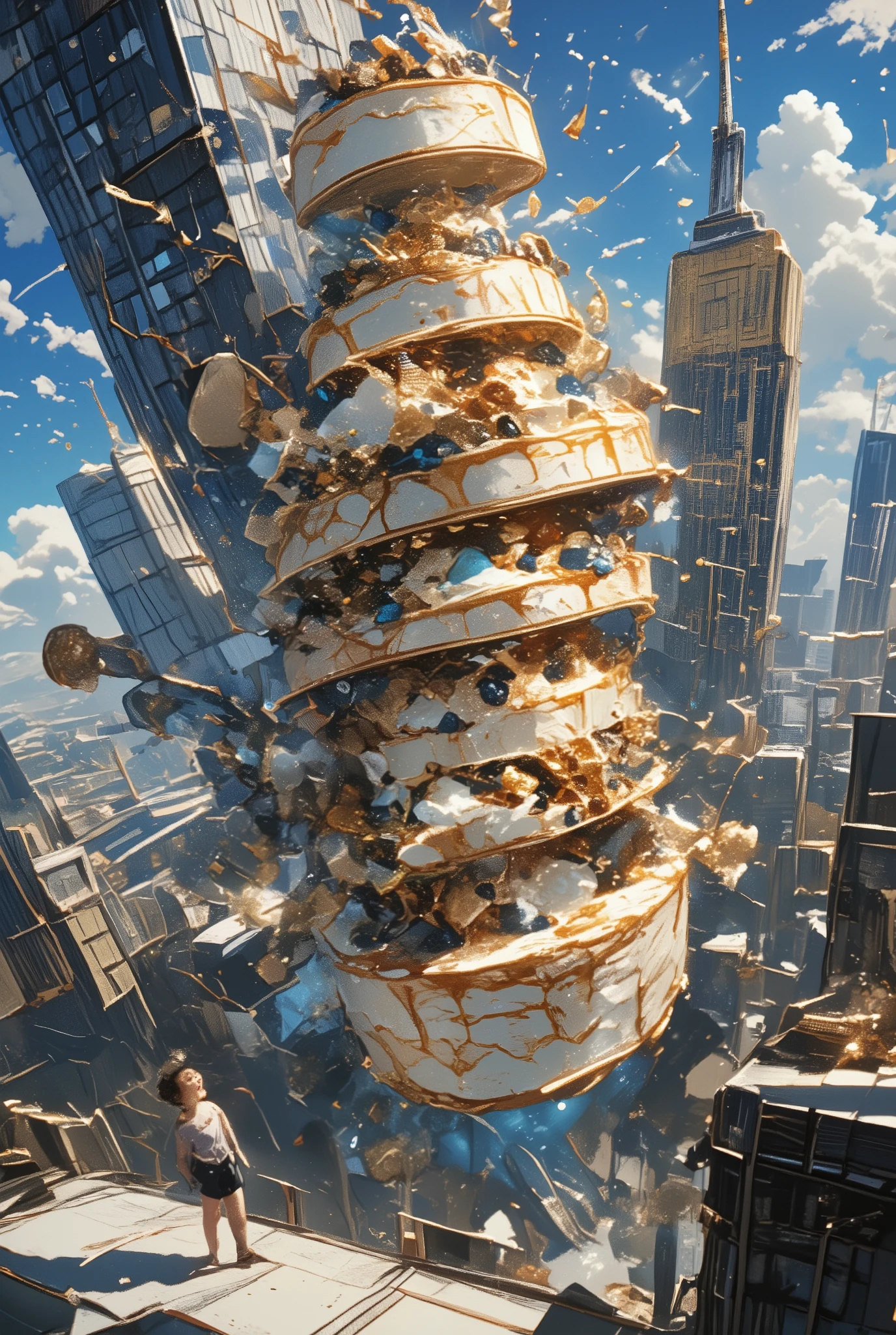 From a bird's-eye view, you will see a huge surreal, incredibly beautiful multi-tiered sponge cake with whipped cream and caramel, lavishly decorated with fruits, berries and colored marmalade. A giant cake dynamically falling from the roof of a skyscraper, a very photogenic cake in focus, close-up. A huge cake in a huge city is a space in the universe. A cheerful in short pants stands below and looks up as the cake falls.