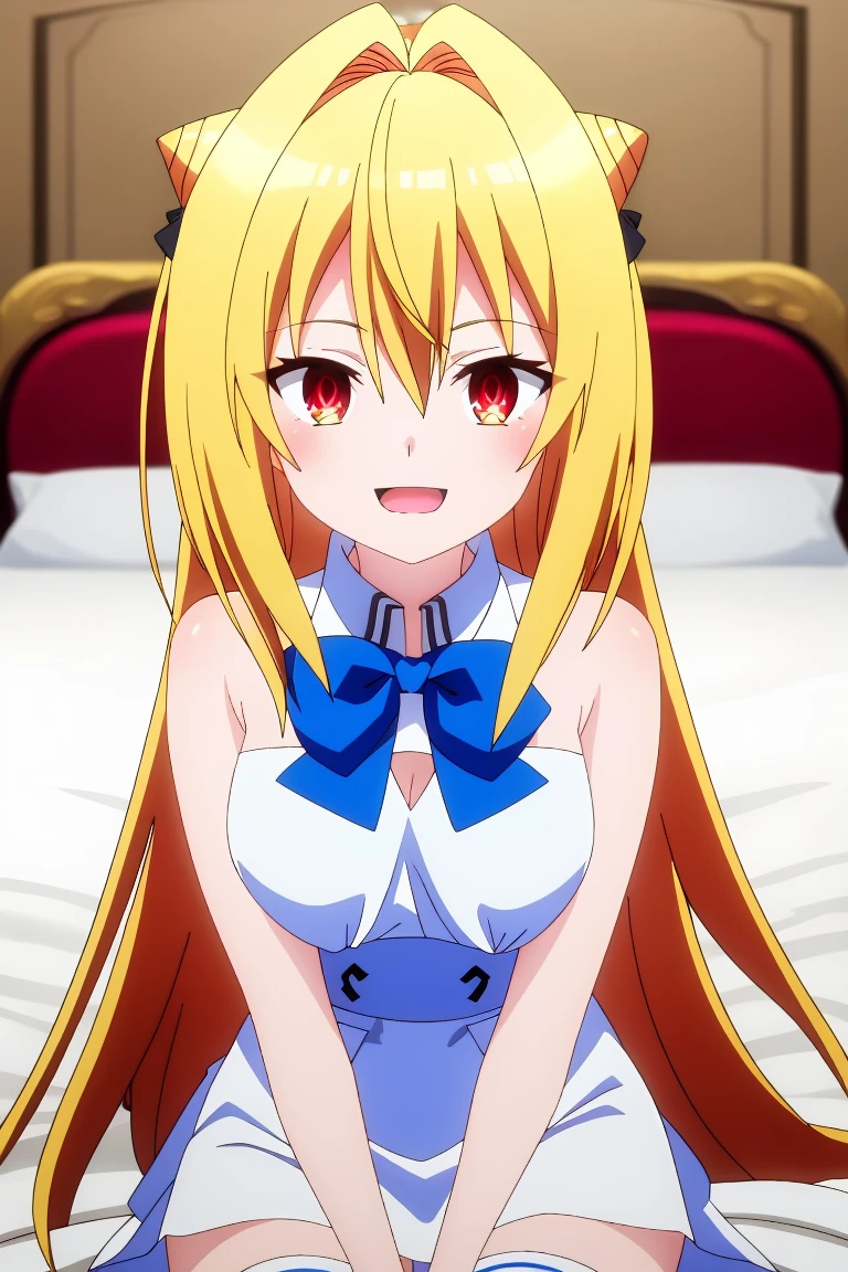 masterpiece, best quality, highly detailed, terakomari, 1girl, ahoge, animal ears, arm strap, ass visible through thighs, black bow, black bra, black leotard, blonde hair, bow, bowtie, bra, breasts, breasts apart, closed mouth, covered navel, crossed bangs, detached collar, double bun, expressionless, fake animal ears, frilled leotard, frills, garter straps, hair between eyes, hair bow, hair bun, hair intakes, leotard, long hair, looking at viewer, orange eyes, playboy bunny, rabbit ears, red bow, red bowtie, small breasts, solo, standing, straight-on, thigh gap, thighhighs, underwear, very long hair, white thighhighs, wrist cuffs, <lora:terakomari-04:1>