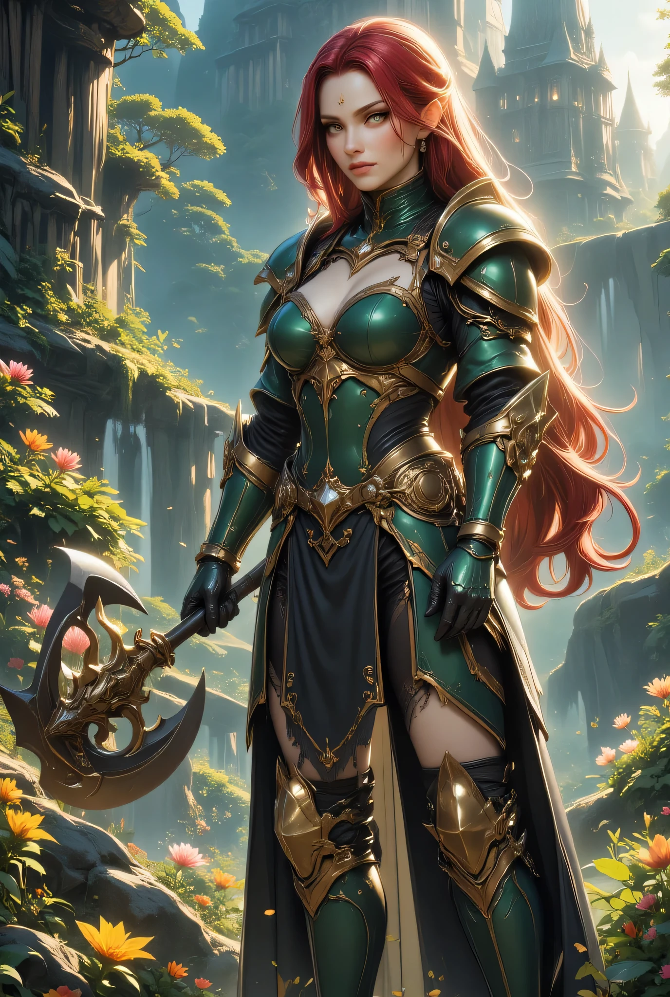 a fantasy art illustration of a  female giant knight armed with a mighty axe standing near a temple built in a fantasy forest, (((she is taller than the trees: 1.3))) a wild beautiful, exotic beautiful giant knight, ((anatomically correct: 1.5), (ultra detailed face: 1.2), best detailed face, red hair color, dynamic hair style, armed with a giant axe, shiny axe, its blade reflects the sunlight, studded with gems, wearing green glass armor, wearing ((black leather jacket)), colorful flowers entwined in her axe, dynamic armor color, wearing high heeled boots, standing near a fantasy temple, magnificent temple, in a dark forest, plenty of trees,  with a tower, clouds in the sky some sun rays, vibrant, Hyperrealism style, vibrant, Ultra-high resolution, High Contrast, (masterpiece:1.5), highest quality, Best aesthetics), best details, best quality, highres, ultra wide angle, 16k, [ultra detailed], masterpiece, best quality, (extremely detailed) RAW, invert color
