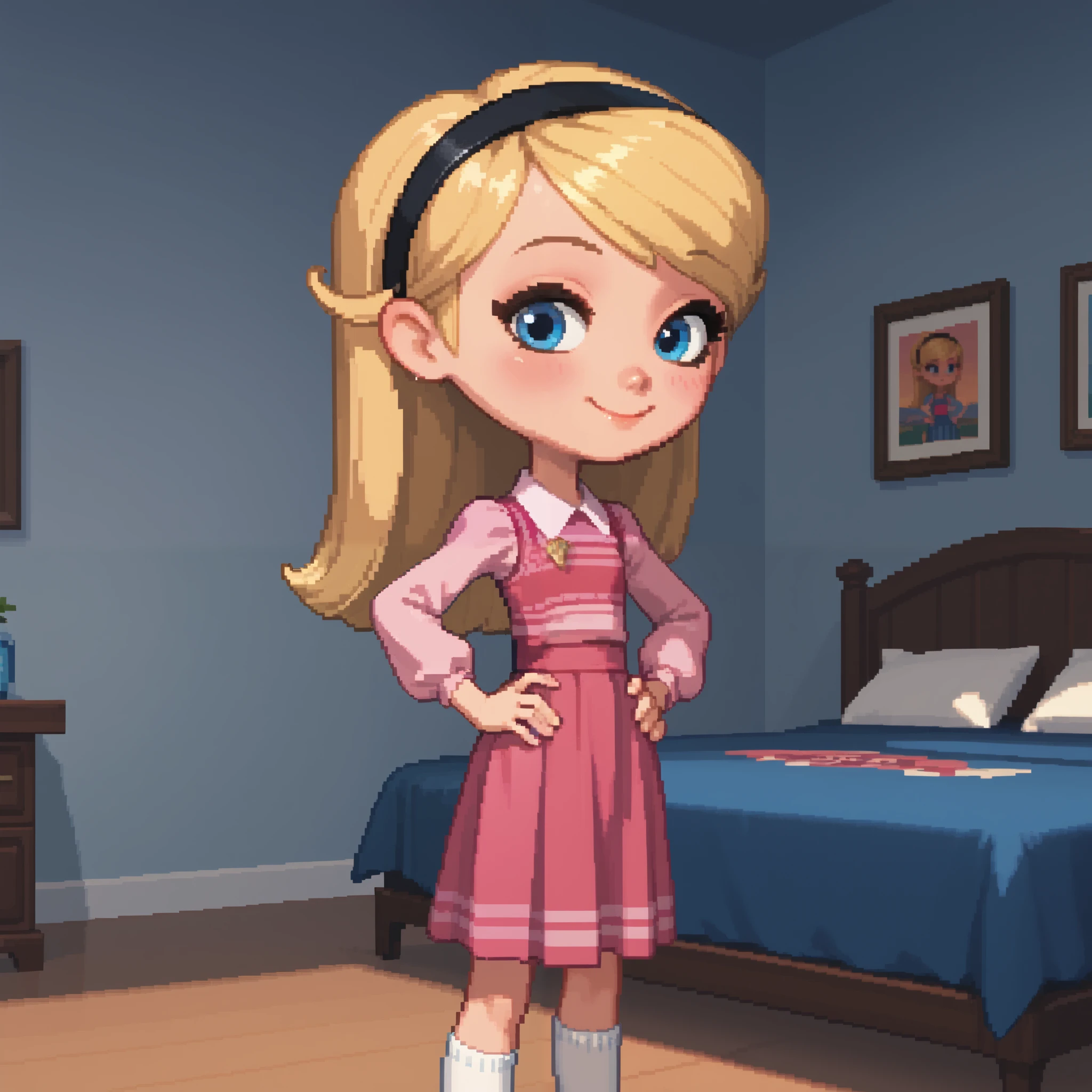 score_9, score_8_up, score_7_up, pixel art, 1girl, solo, penny peterson, long hair, blue eyes, 3d, blonde hair, skirt, pleated skirt, hairband, black hairband, white socks, dress, pink dress, long sleeves, puffy sleeves, no shoes, Hands on hips, perfect body, sexy, looking at viewer, cute giggle, smiling, light blush, smile, perky, dynamic angle, indoor, wet, blushing, cute smile, back view, ((bedroom)), soft lighting