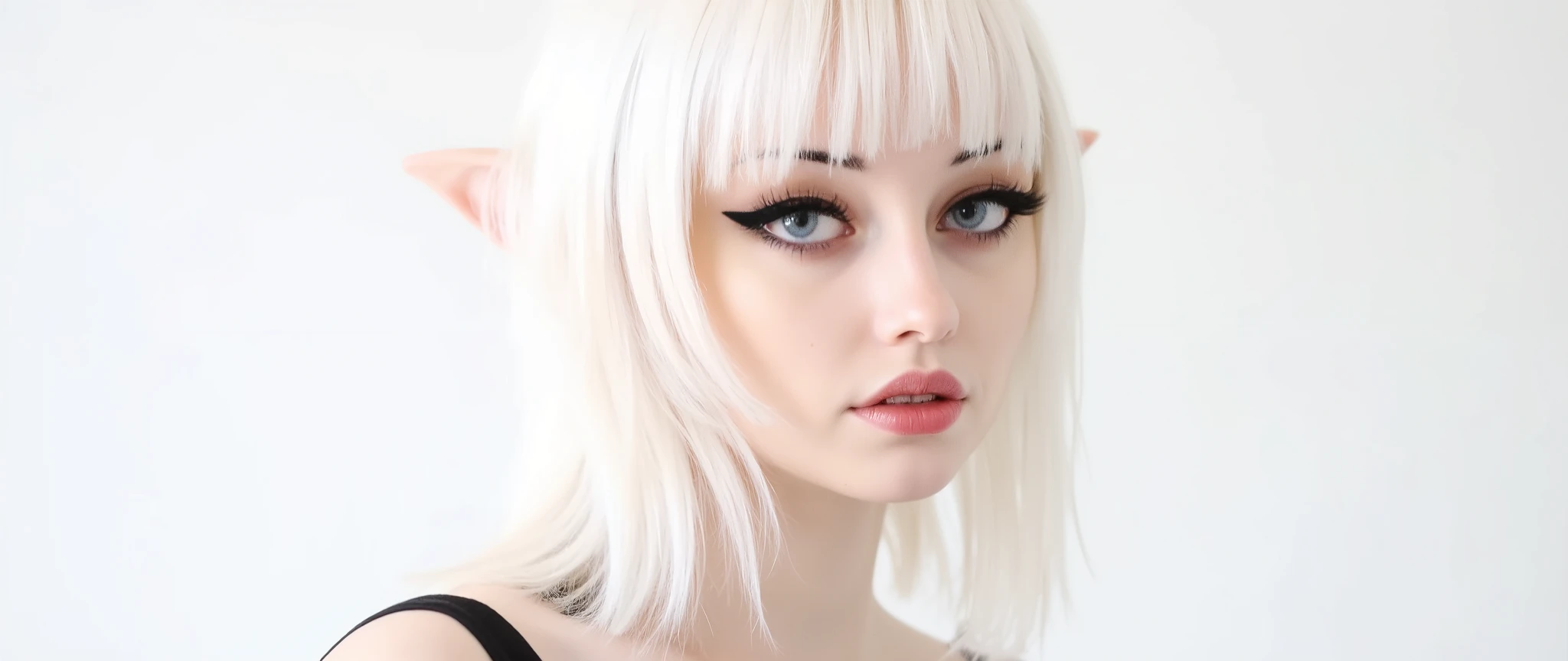 black sclera 'from side' , white hair, elf, huge breasts, Huge Waist , black eyes, red lipstick, that, , 'photograph taken by someone' , pose natural, , up ass, fringe , youthful appearance , black eye, details, thigh-length hair covering shoulders and butt, Smiling female, round face, youthful appearance , standing, full body ,cute face, full lips , voluminous, luz media , ambient light, white background white,