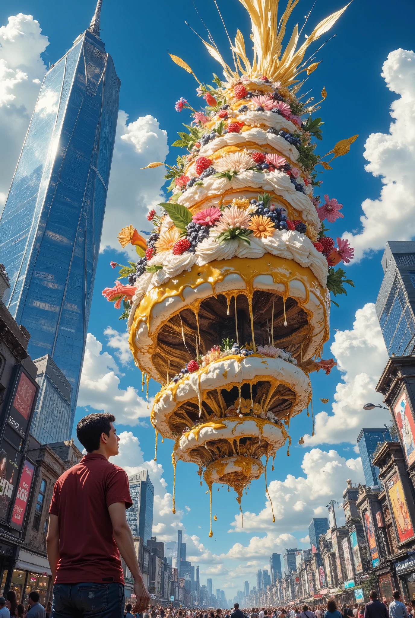 From a bird's-eye view. A huge surreal, incredibly beautiful multi-tiered sponge cake with whipped cream, caramel, lavishly decorated with fruits, flowers, berries and colored marmalade. A giant cake dynamically falling from the roof of a skyscraper, a very photogenic cake in motion, close-up. A huge cake in a huge city is a cosmos in the universe. A cheerful man in short pants is standing downstairs and watching the cake fall.