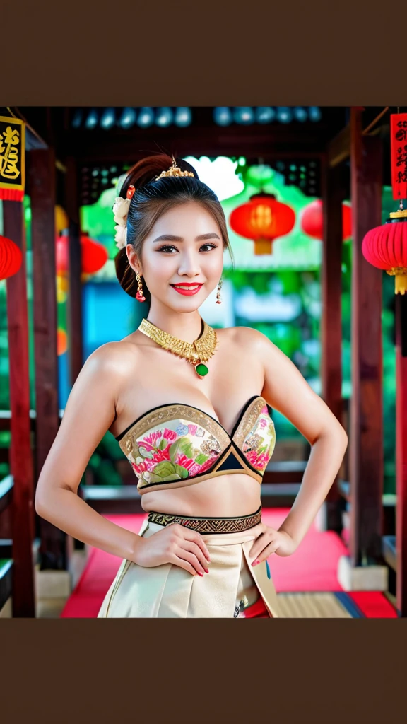 ancient chinese costumeを着て, ((Beautiful fantasy queen)), ancient Chinese Princess, Chinese style, chinese traditional costume, ancient chinese costume, Beautiful fantasy queen, Chinese Princess, Traditional Beauty,smile,, (8K, Raw photo, Highest quality, masterpiece:1.2),(Realistic, photo-Realistic:1.37),whole body、Highest quality, Photorealistic, finely, High resolution, 8Kの壁紙, Perfect dynamic composition, Detailed and beautiful eyes, Medium Hair, Big and ample breasts, sexyなポーズ,、smile、30 years old、(Droopy Eyes 1.4)、beauty、smile、whole bodyの姿、Hair tied up、Smile、sexyポーズ、smile、race、whole body、Touching the chest with hands、sexy、stringunderwear、underwear、string