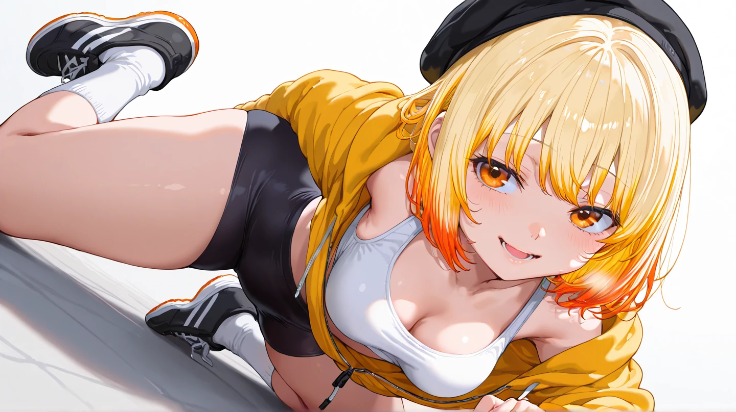 Original character, volume lighting, best shadows, shallow depth of field, amazingly beautiful portrait of a girl, delicate and beautiful attractive face with petite and seductive yellow eyes, messily painted face, sharp eyebrows, big smile, open mouth, fangs out, beautiful big, layered long twin tail blonde, brushed eyeshadow, dark eyelashes, apple jack hat, Micro bikini, slim waist, graffiti alley, trash can, outside stairs, outdoor unit, holding banana, sitting crotch, M-shaped legs (top quality, great detail: 1.25), (solo: 1.3), vivid colorful painting