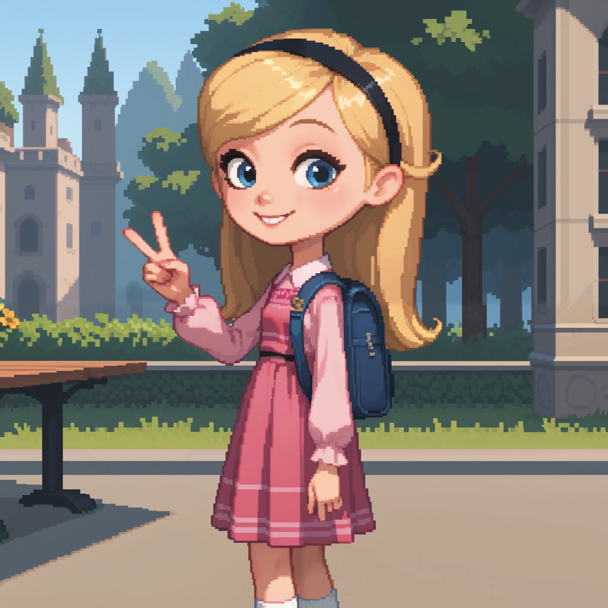 score_9, score_8_up, score_7_up, pixel art, 1girl, solo, penny peterson, long hair, blue eyes, 3d, blonde hair, skirt, pleated skirt, hairband, black hairband, white socks, dress, pink dress, long sleeves, puffy sleeves, Black Mary Janes,cute, beautiful, Carrying a backpack, peace sign, outside, central park, benches, sideview, back view, close up, joyful, happy, excited expression ,brightly sunshine, cute smile, beautiful art, soft lighting