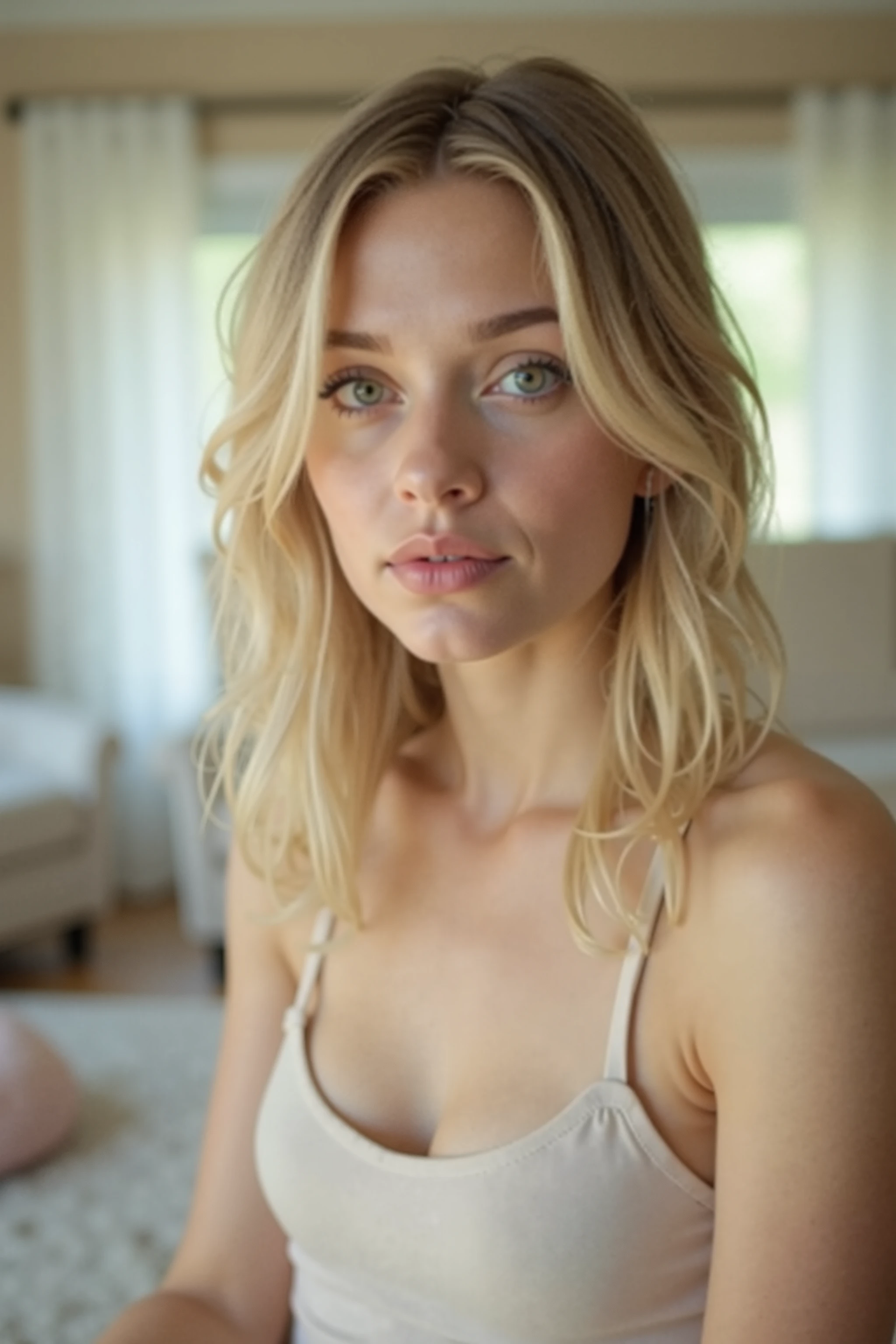 photo of woman, textured skin, light blonde hair, lower body, extremely detailed green eyes, beautiful face, detailed natural skin with pores, sitting on sofa, wearing lingerie, on all fours, busty,,,,,,,, perfect eyes (ectachrome), golden hour, cinematic lighting, (hazy filter, film grain:1.2). 8k, highly detailed, detailed skin texture, natural skin texture, perfect eyes, perfect iris, high detail eyes, detailed iris, detailed cloth texture, perfect eyes, detailed eyes, (high quality, best quality:1.3), Extremely high-resolution, film grain, dslr, Kodak Portra 400 camera f1.6 lens, 35mm, Fujifilm Superia Premium 400, Nikon D850