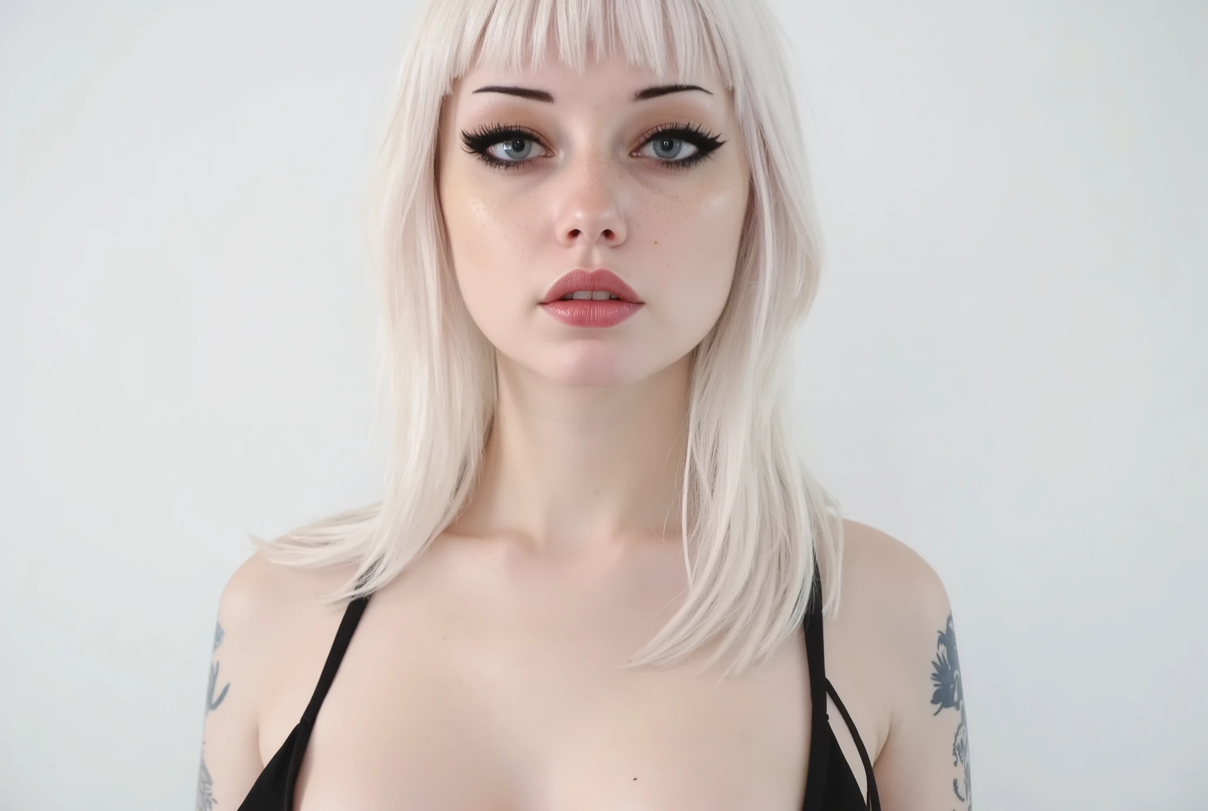black sclera 'from side' , white hair, elf, huge breasts, Huge Waist , black eyes, red lipstick, that, , 'photograph taken by someone' , pose natural, , up ass, fringe , youthful appearance , black eye, details, thigh-length hair covering shoulders and butt, Smiling female, round face, youthful appearance , standing, full body ,cute face, full lips , voluminous, luz media , ambient light, white background white,