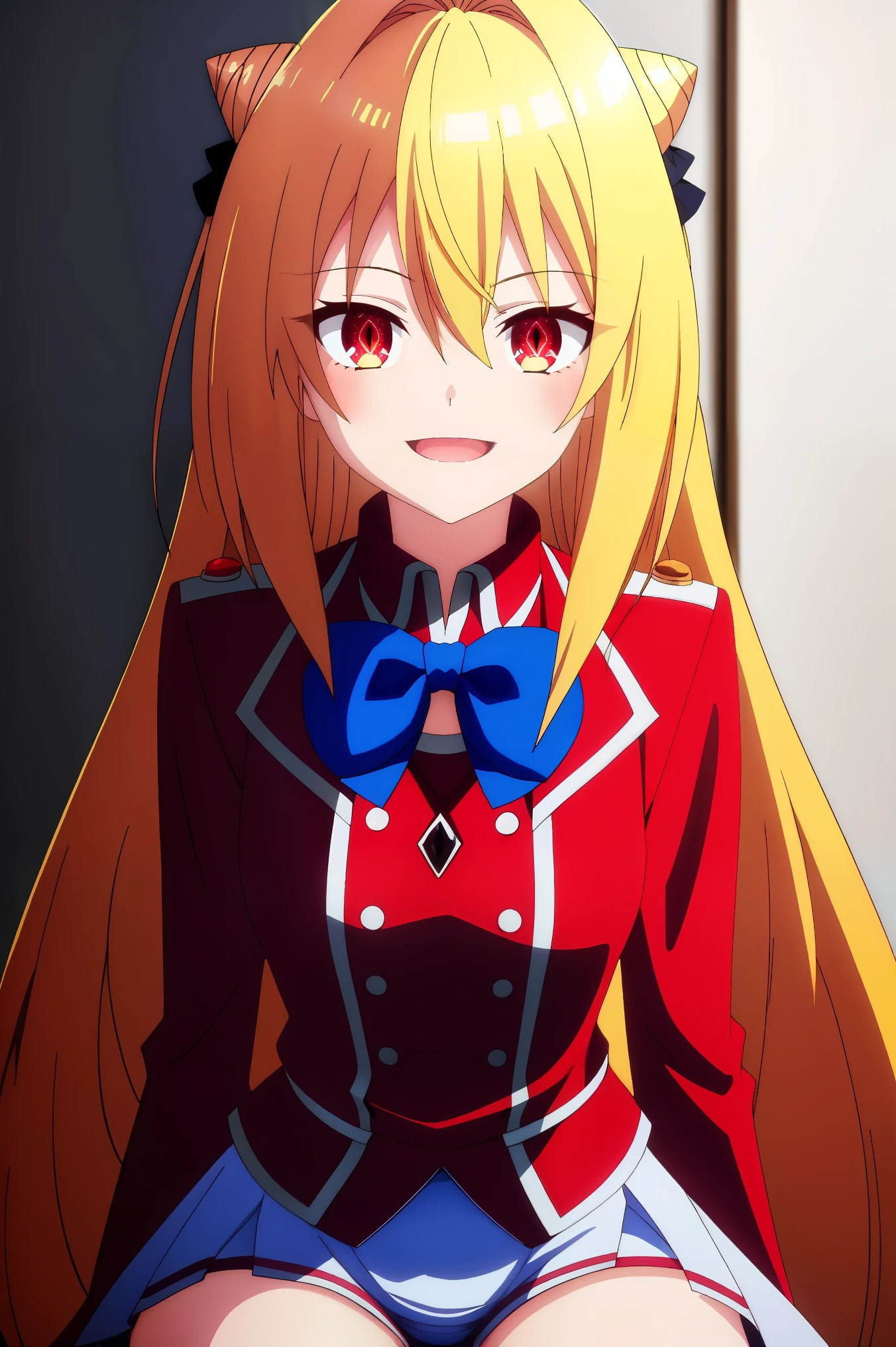(( best quality )),(( very detailed)), Masterpiece ,absurdities, detailed face, pretty face, slim body, ( detailed eyes , deep eyes ),) ,konjiki na yami, terakomari , two girls, Red eyes , open mouth, glowing eyes, chelka, long hair, hair between eyes, simple background, hair bun , blonde, indoor background, yellow hair, hair поклон, bowtie, hair arrival , Cortret , tape, red jacket, happy face, smiles, hair tape, Looking at the viewer , blurred , blue fixtures, double bun, thigh-high shot, , middle hips ,