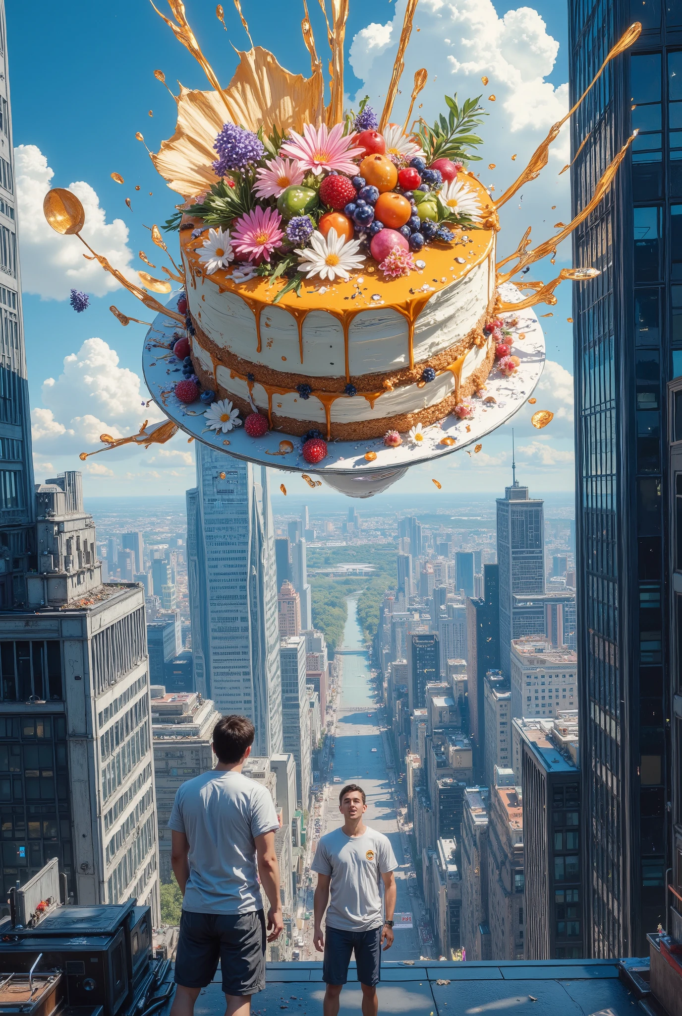 From a bird's-eye view. A huge surreal, incredibly beautiful multi-tiered sponge cake with whipped cream, caramel, lavishly decorated with fruits, flowers, berries and colored marmalade. A giant cake dynamically falling from the roof of a skyscraper, a very photogenic cake in motion, close-up.Splashes of cream, caramel, fruits and flowers. A huge cake in a huge city is a cosmos in the universe. A cheerful man in short pants stands downstairs and watches the cake fall.