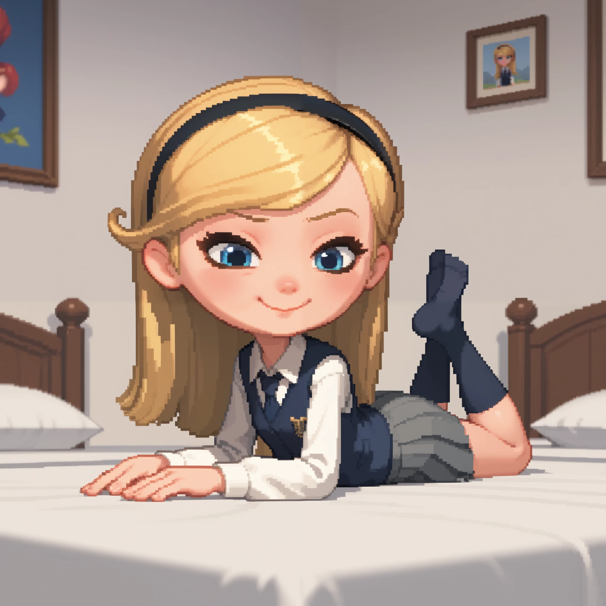 score_9, score_8_up, score_7_up, pixel art, 1girl, solo, penny peterson, long hair, blue eyes, 3d, blonde hair, hairband, necktie, school uniform, shirt, white shirt, long sleeves, black vest, pleated skirt, grey skirt, no shoes, looking at viewer, leaning, eyes closed, closed mouth, light blush, gentle smile, perky, cute smile, indoors, bed, bedroom, straight-on, lying, on stomach, showing her butt