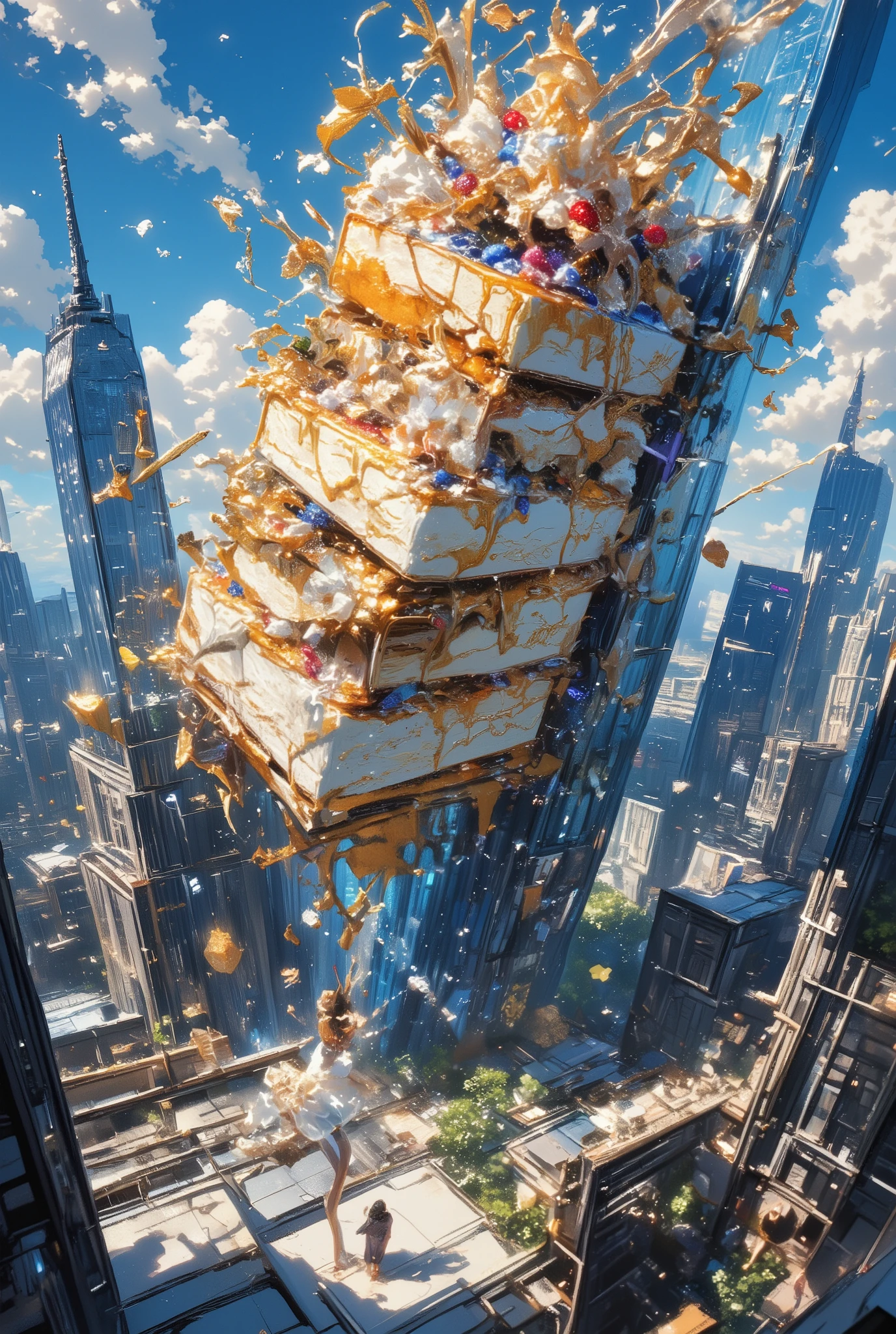 From a bird's-eye view, you will see a huge surreal, incredibly beautiful multi-tiered sponge cake with whipped cream and caramel, lavishly decorated with fruits, berries and colored marmalade. A giant cake dynamically falling from the roof of a skyscraper, a very photogenic cake in focus, close-up. A huge cake in a huge city is a space in the universe. A cheerful in short pants stands below and looks up as the cake falls.