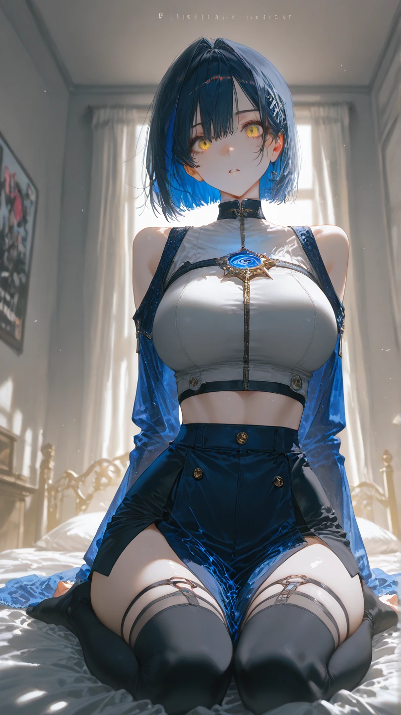 ((Masterpiece, Highest quality)), Detailed face, full bodyesbian, perfectly proportions,Highly detailed, Martial arts girl,Seductive,Gradient hair color,Detailed eyes, ssee-through,Cyan blue,lacepantyhose,Clouds,High Balance, Overhead halo,Natural light,Star decoration