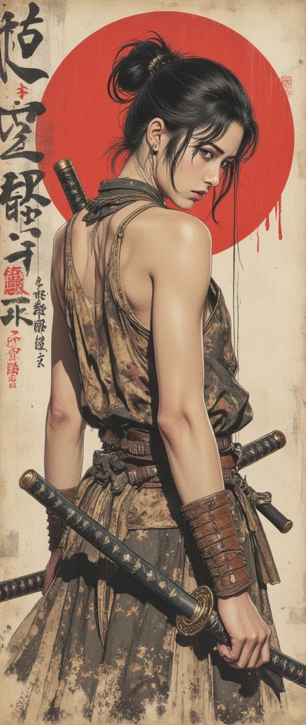 Young Asian samurai girl. He looks down seriously. Side view. The body is effectively curved .Shoulders are thrown back. The arms are loosely lowered along the body. The head is slightly turned towards the viewer. Very dark hair, gathered in a high, careless bun on top of her head. A battered old leather vest with bare arms and shoulders. Leather armbands. Two katanas, one of which is sheathed on his back, and the other is on his belt on the other side.Sepia.The background is an old worn and dirty wall, once painted white. Japanese calligraphy, hieroglyphs. A large stylized red circle resembling a Japanese flag, carelessly painted with a large brush. Streaks and splashes of red paint. The texture of worn wood . Dirty splashes streaked across the entire surface of the background. The overall art style is colorful and slightly rough, like a battered antique poster. The color scheme is muted and dim. The emphasis is on details and a sense of calm power. Ukiyo-e, Samurai-style, ink graphics. Lines of movement, Framed within a frame. masterpiece, super detail, 8k

