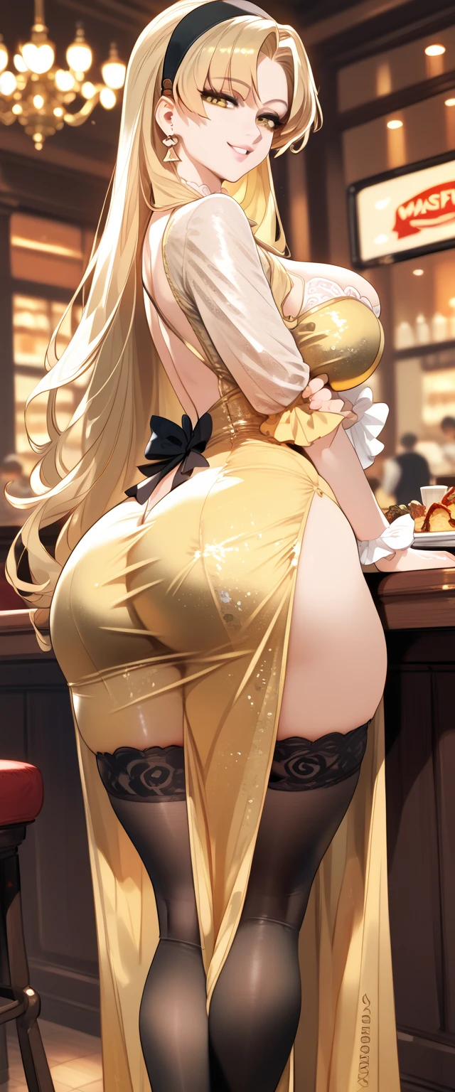 ((32k)), ((best quality)), ((ultra high res)), ((HDR)), ((UHD)), ((extremely detailed CG)), ((unity 32k wallpaper)), (1girl), (()), (ideal ratio body proportions), very long hair, (breasts), looking at viewer, blush, smile, bangs, thighhighs, bow, holding, cleavage, jewelry, (((golden bikini))), ((medium breasts)), closed mouth, standing, swimsuit, (golden hair), short sleeves, bikini, ((cowboy shot)), earrings, frills, food, black thighhighs, indoors, bowtie, cup, puffy short sleeves, wrist cuffs, grey eyes, thigh strap, detached collar, side-tie bikini bottom, thigh gap, table, single thighhigh, plate, tray, teacup, cake, bridal garter, holding tray, cake slice, (night), ((fro, m below)), (((((from behind))))), (((Leaning forward))), ((nsfw))