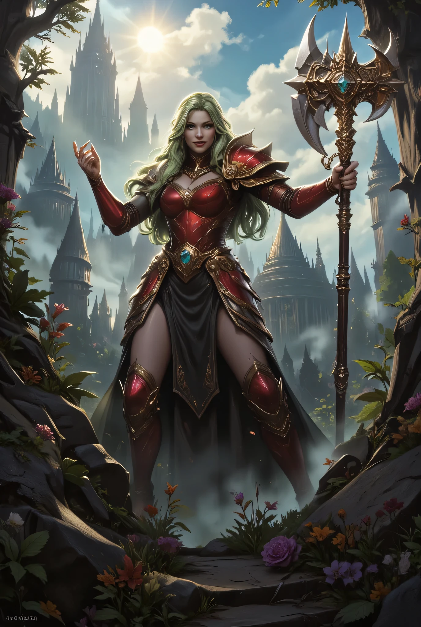 a fantasy art illustration of a  female giant knight armed with a mighty axe standing in a fantasy forest, (((she is taller than the trees: 1.3))) a wild beautiful, exotic beautiful giant knight, ((anatomically correct: 1.5), (ultra detailed face: 1.2), best detailed face, green hair color, dynamic hair style, armed with a giant axe, shiny axe, its blade reflects the sunlight, studded with gems, wearing red glass armor, wearing ((black leather jacket)), colorful flowers entwined in her axe, dynamic armor color, wearing high heeled boots, standing near a fantasy temple, magnificent temple, in a dark forest, plenty of trees,  with a tower, clouds in the sky some sun rays, vibrant, Hyperrealism style, vibrant, Ultra-high resolution, High Contrast, (masterpiece:1.5), highest quality, Best aesthetics), best details, best quality, highres, ultra wide angle, 16k, [ultra detailed], masterpiece, best quality, (extremely detailed) RAW, invert color, Irelia
