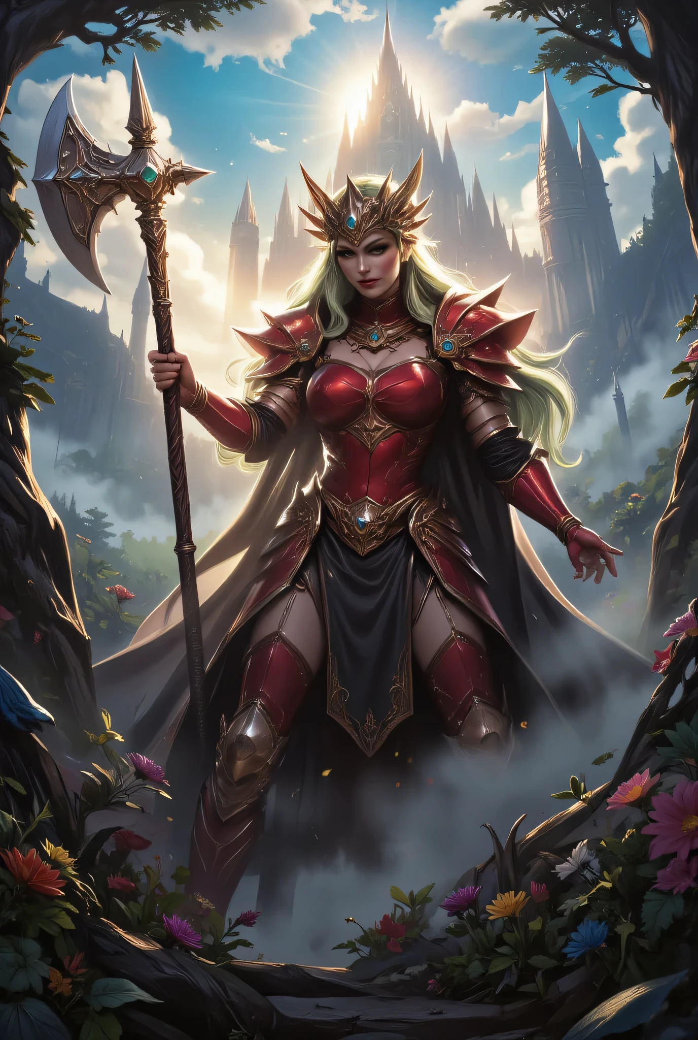 a fantasy art illustration of a  female giant knight armed with a mighty axe standing in a fantasy forest, (((she is taller than the trees: 1.3))) a wild beautiful, exotic beautiful giant knight, ((anatomically correct: 1.5), (ultra detailed face: 1.2), best detailed face, green hair color, dynamic hair style, armed with a giant axe, shiny axe, its blade reflects the sunlight, studded with gems, wearing red glass armor, wearing ((black leather jacket)), colorful flowers entwined in her axe, dynamic armor color, wearing high heeled boots, standing near a fantasy temple, magnificent temple, in a dark forest, plenty of trees,  with a tower, clouds in the sky some sun rays, vibrant, Hyperrealism style, vibrant, Ultra-high resolution, High Contrast, (masterpiece:1.5), highest quality, Best aesthetics), best details, best quality, highres, ultra wide angle, 16k, [ultra detailed], masterpiece, best quality, (extremely detailed) RAW, invert color, Irelia