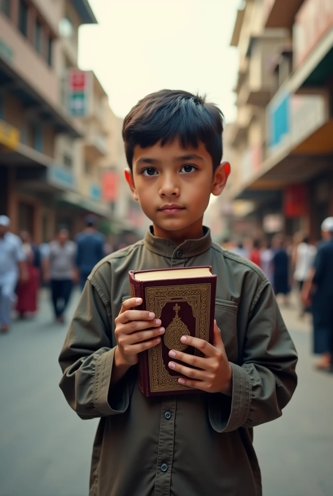 A small boy with Quran sharif in flood