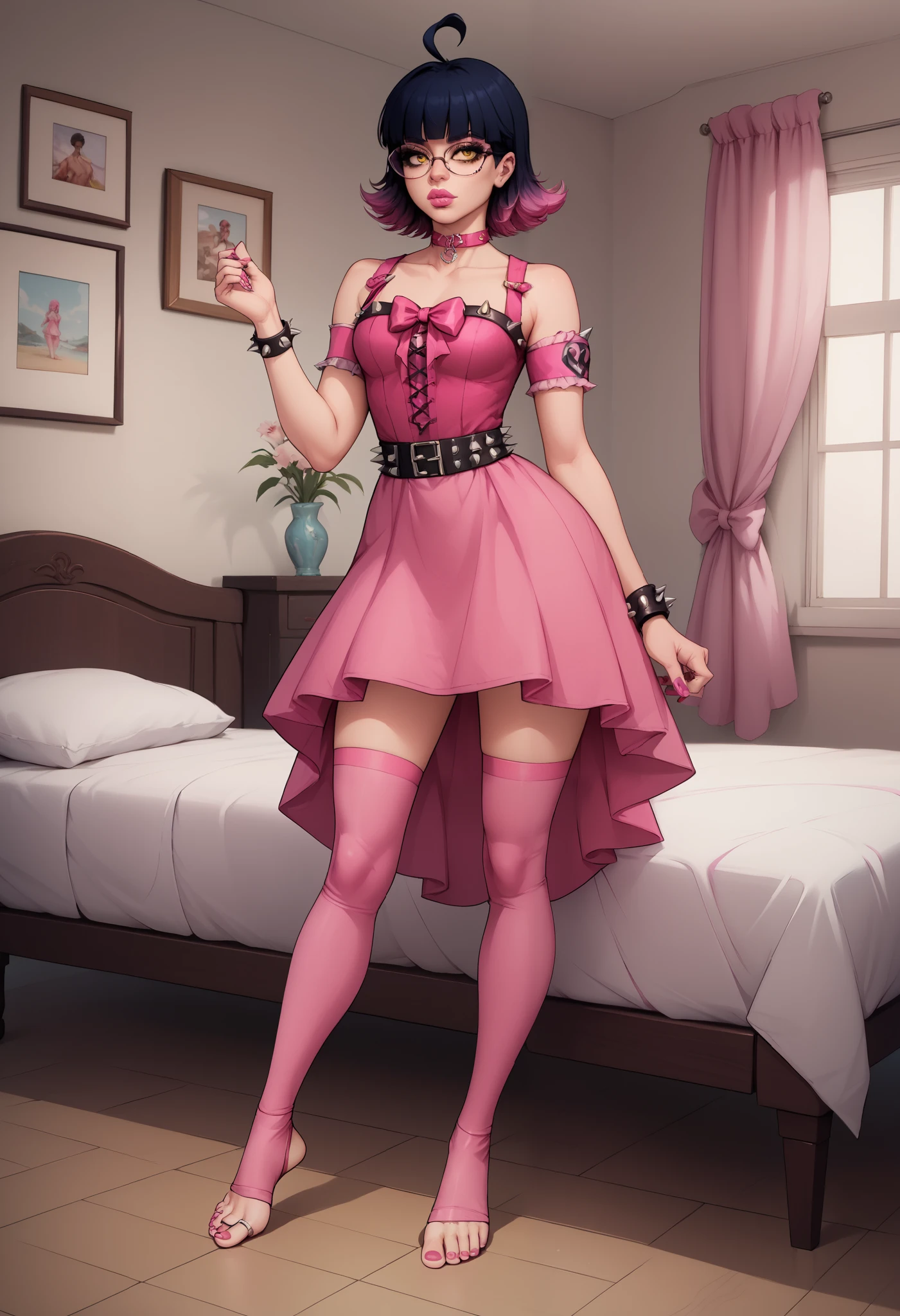score 9 up, score 8 up, score 7 up, pink goth, big lips, mascara, pink eyeshadow, dark blue hair, gradient hair, disheveled short hair, hime cut, pink armbands, pink stirrup thighhighs, stripes, toes, pink toenail polish, pink nail polish, pink hair ribbons, pink choker, rings, toe ring, pink lipstick, spikes, pink dress, indoors, pants, mz, ahoge, yellow eyes, glasses