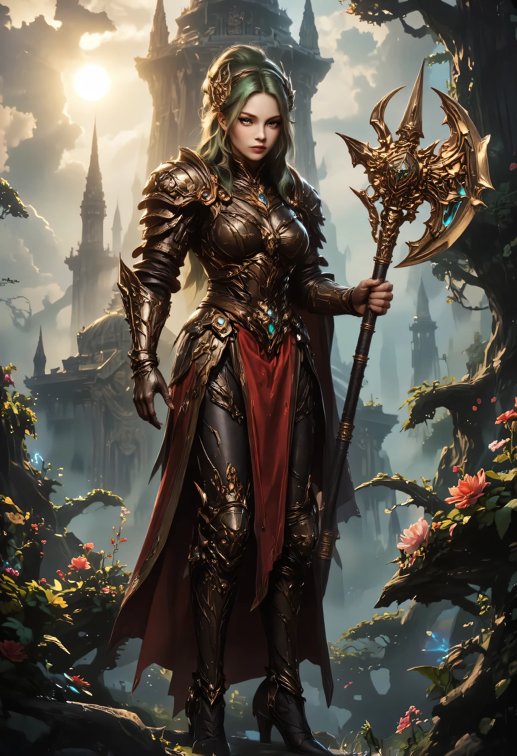 a fantasy art illustration of a  female giant knight armed with a mighty axe standing in a fantasy forest, (((she is taller than the trees: 1.3))) a wild beautiful, exotic beautiful giant knight, ((anatomically correct: 1.5), (ultra detailed face: 1.2), best detailed face, green hair color, dynamic hair style, armed with a giant axe, shiny axe, its blade reflects the sunlight, studded with gems, wearing red glass armor, wearing ((black leather jacket)), colorful flowers entwined in her axe, dynamic armor color, wearing high heeled boots, standing near a fantasy temple, magnificent temple, in a dark forest, plenty of trees,  with a tower, clouds in the sky some sun rays, vibrant, Hyperrealism style, vibrant, Ultra-high resolution, High Contrast, (masterpiece:1.5), highest quality, Best aesthetics), best details, best quality, highres, ultra wide angle, 16k, [ultra detailed], masterpiece, best quality, (extremely detailed) RAW, invert color, Irelia