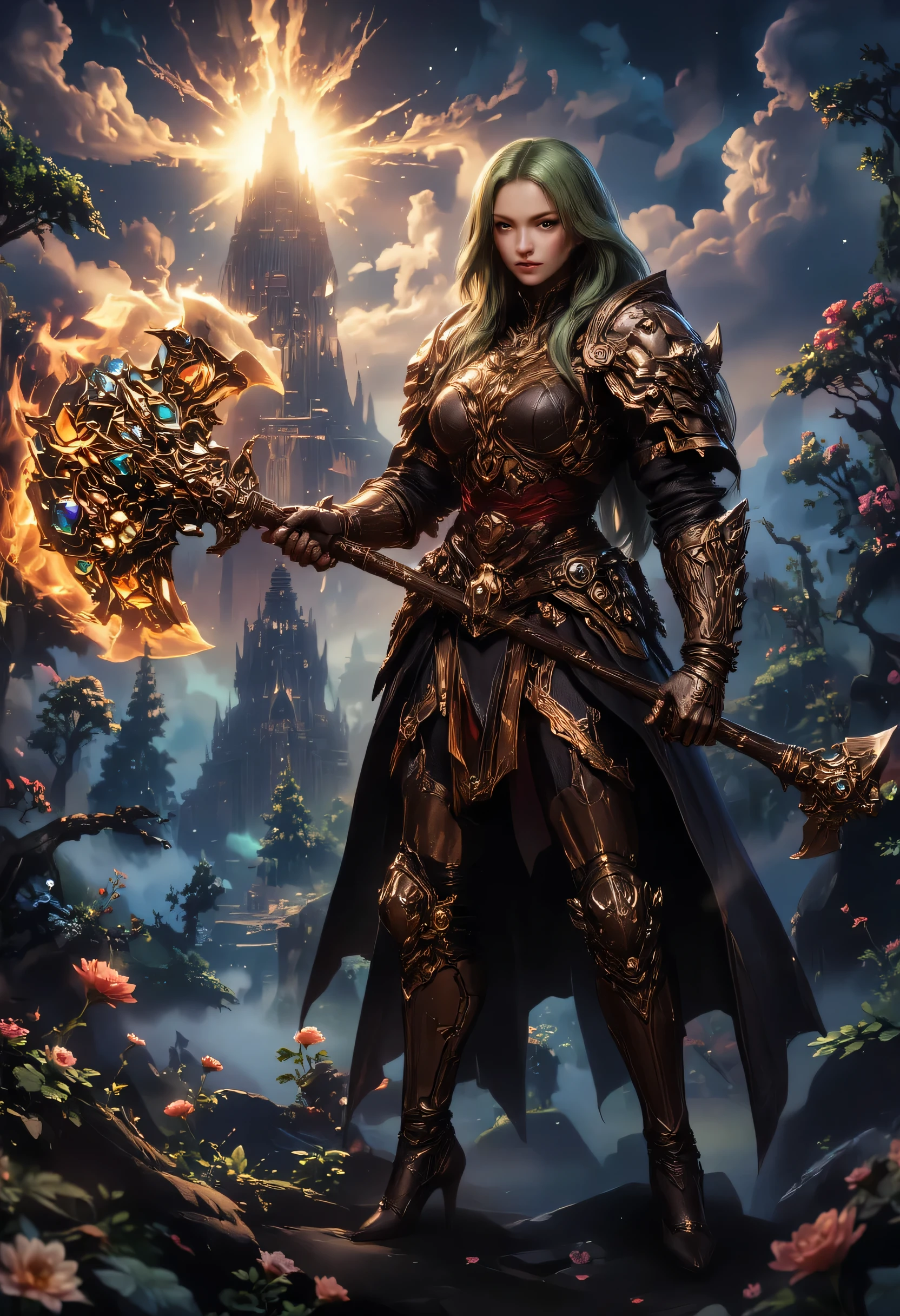 a fantasy art illustration of a  female giant knight armed with a mighty axe standing in a fantasy forest, (((she is taller than the trees: 1.3))) a wild beautiful, exotic beautiful giant knight, ((anatomically correct: 1.5), (ultra detailed face: 1.2), best detailed face, green hair color, dynamic hair style, armed with a giant axe, shiny axe, its blade reflects the sunlight, studded with gems, wearing red glass armor, wearing ((black leather jacket)), colorful flowers entwined in her axe, dynamic armor color, wearing high heeled boots, standing near a fantasy temple, magnificent temple, in a dark forest, plenty of trees,  with a tower, clouds in the sky some sun rays, vibrant, Hyperrealism style, vibrant, Ultra-high resolution, High Contrast, (masterpiece:1.5), highest quality, Best aesthetics), best details, best quality, highres, ultra wide angle, 16k, [ultra detailed], masterpiece, best quality, (extremely detailed) RAW, invert color, Irelia
